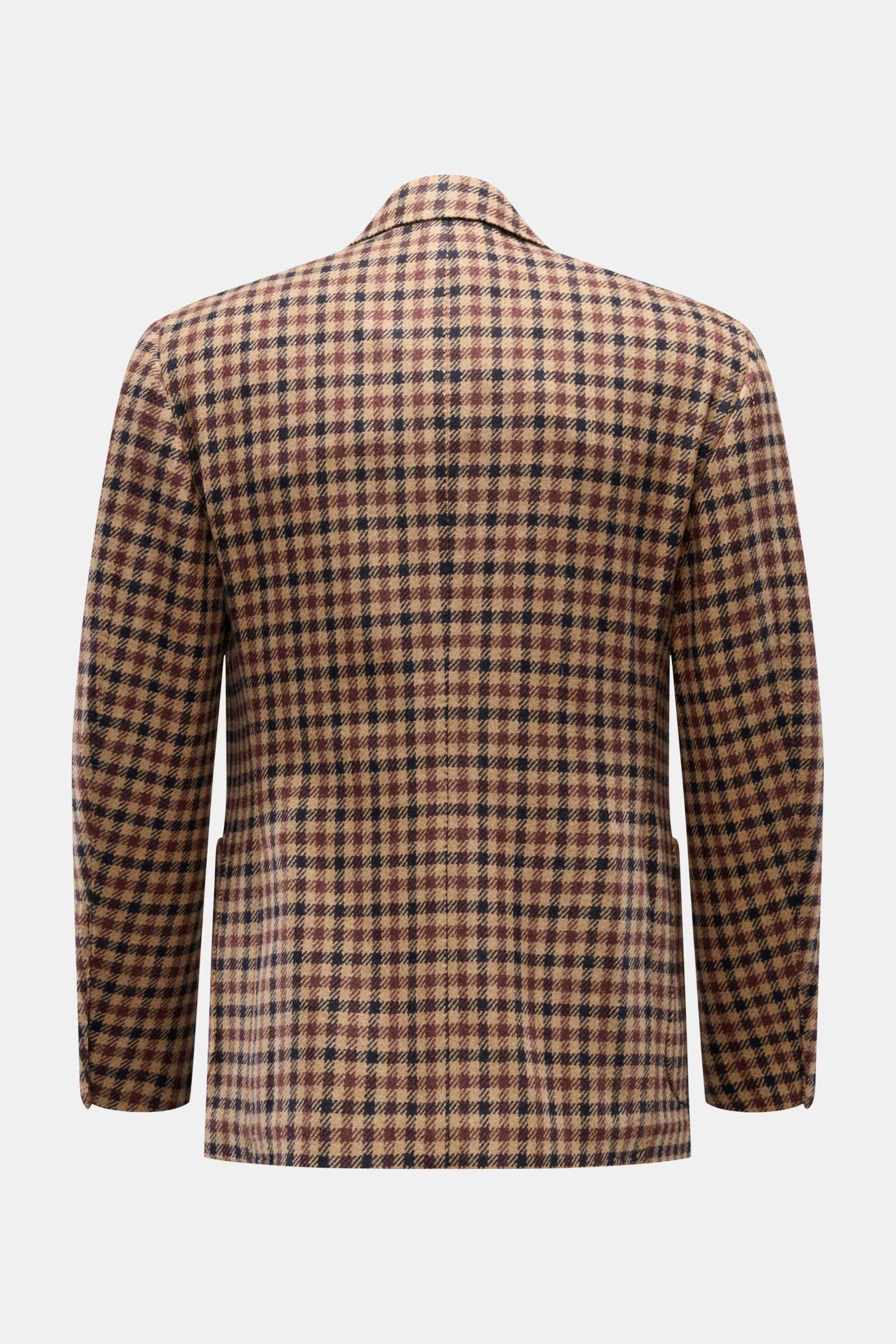 Rear view of Stile Latino Cashmere smart-casual jacket 'Vincenzo' camel/dark brown/black checked, made of smooth pure wool with classic checked pattern.

Description: Get a stylish smart-casual look this autumn with the unconstructed model 'Vincenzo' b