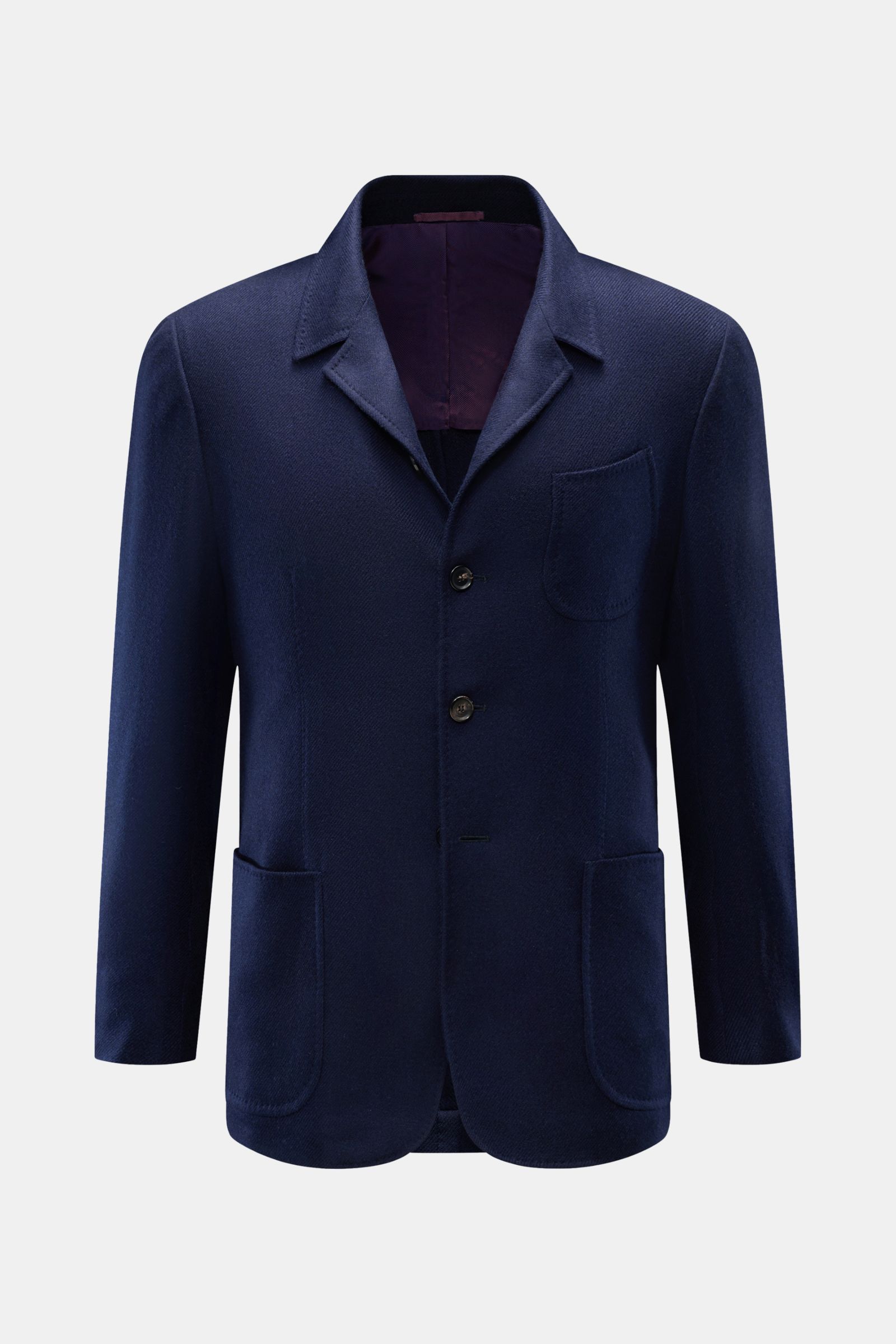 Front view of Stile Latino Cashmere Sakko 'Dubai' navy in straight cut, pure cashmere with soft texture, slim fit, patch pockets, four-button style, short notch lapel, unfinished sleeve cuffs, back side vents, half lined, and three inner pockets, perfect 
