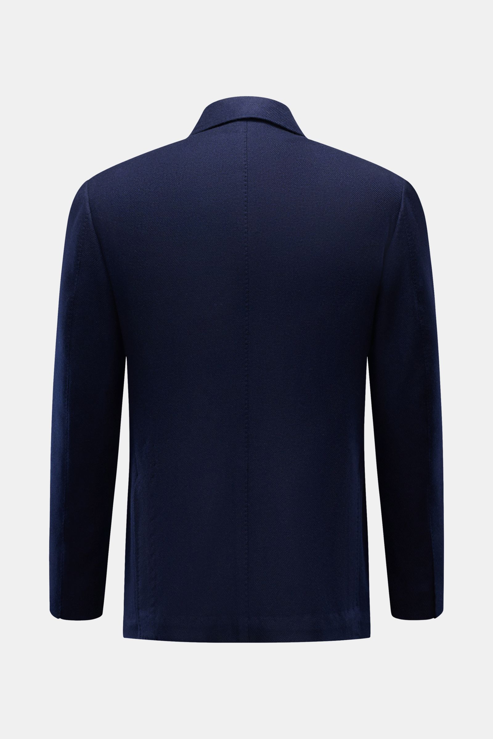 Rear view of Stile Latino Cashmere Sakko 'Dubai' navy in straight cut, slim fit, made of soft pure cashmere with unfinished sleeves, back side slits, and short falling lapels. Mit dem Modell 'Dubai' in geradem Schnitt von STILE LATINO aus geschmeidigem