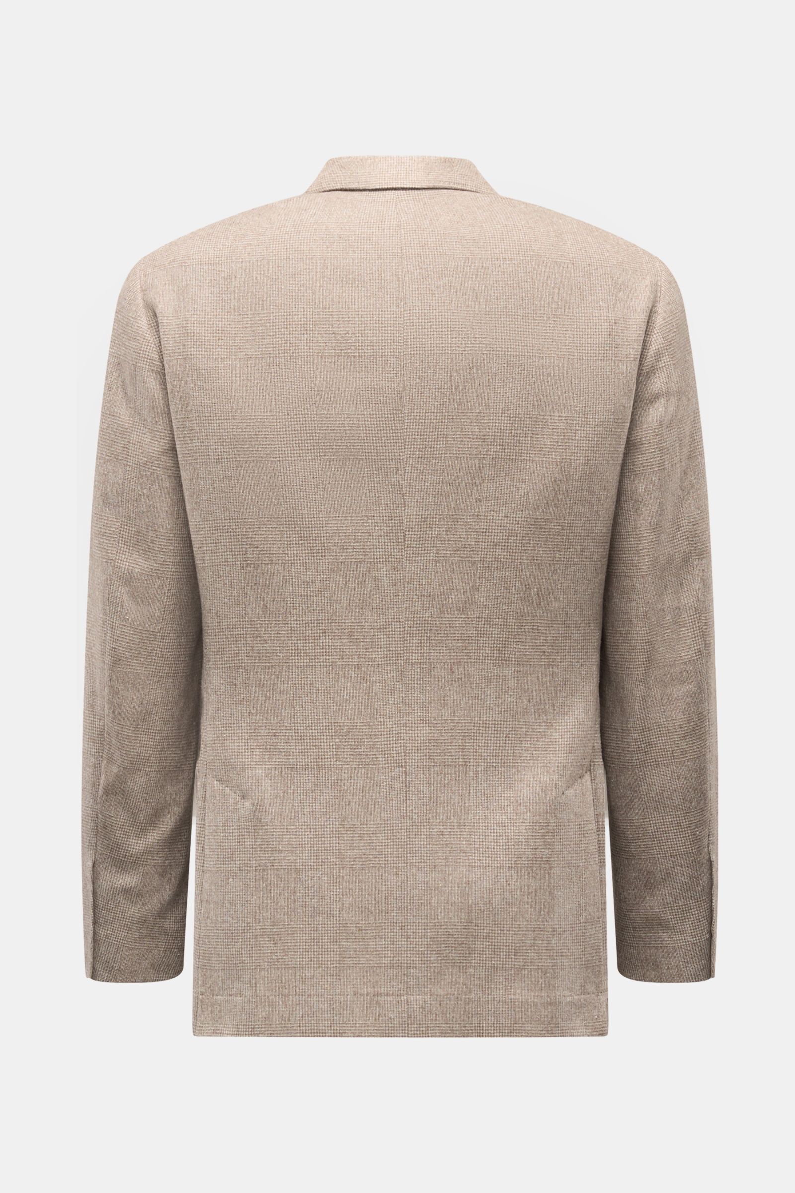 Brunello Cucinelli Sakko graubraun/creme kariert, Rückansicht, leichter Woll-Mix, Slim Fit, tailliert, Glencheck, drei Innentaschen, halb gefüttert.