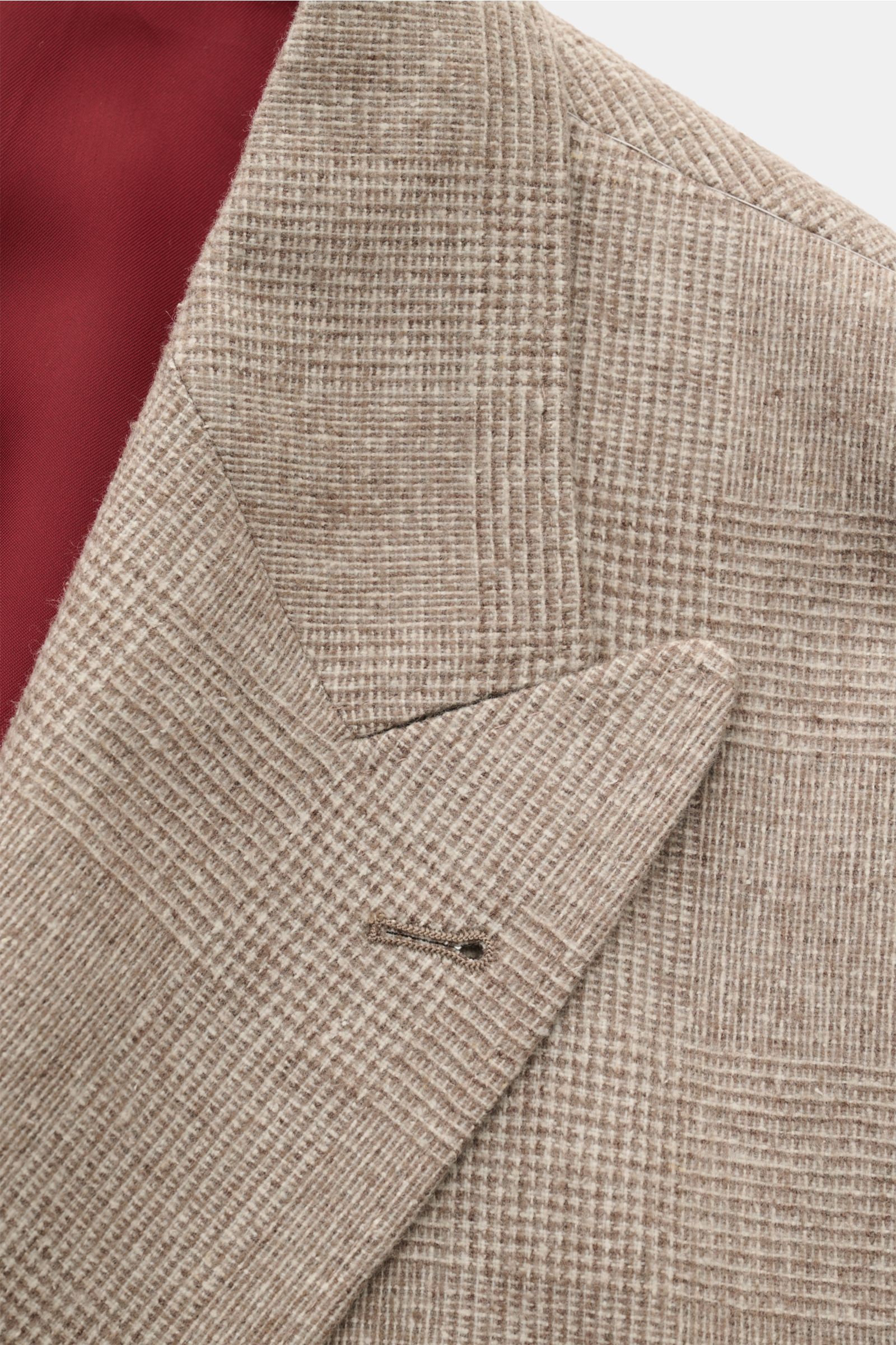 Brunello Cucinelli Sakko graubraun/creme kariert, Nahaufnahme von Revers und Brusttasche, leichter Woll-Mix, Glencheck, Slim Fit, edel.