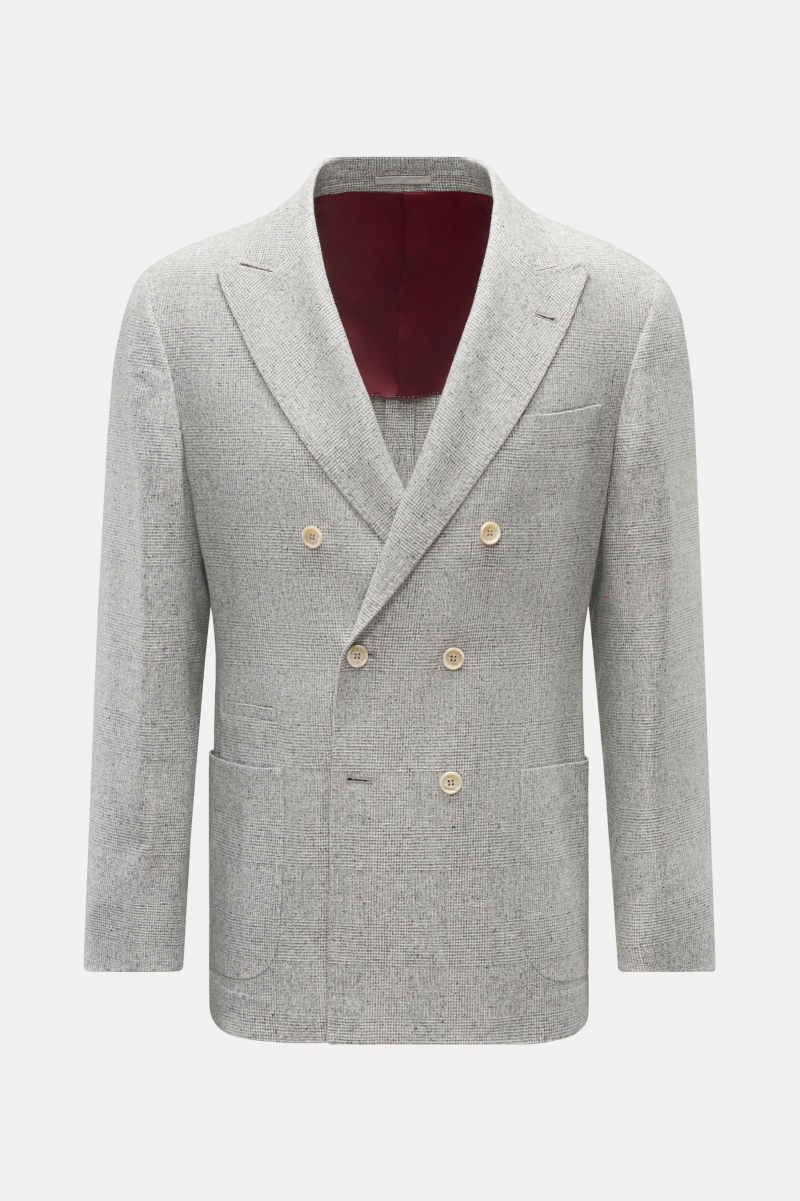 Front view of Brunello Cucinelli Sakko creme/grau kariert, a slim fit unconstructed double-breasted blazer in silk, wool, and cashmere with classic Glencheck.

Ganz klassisch, aber dennoch saisonal, kleiden Sie sich mit diesem edlen Unconstructed-Sak