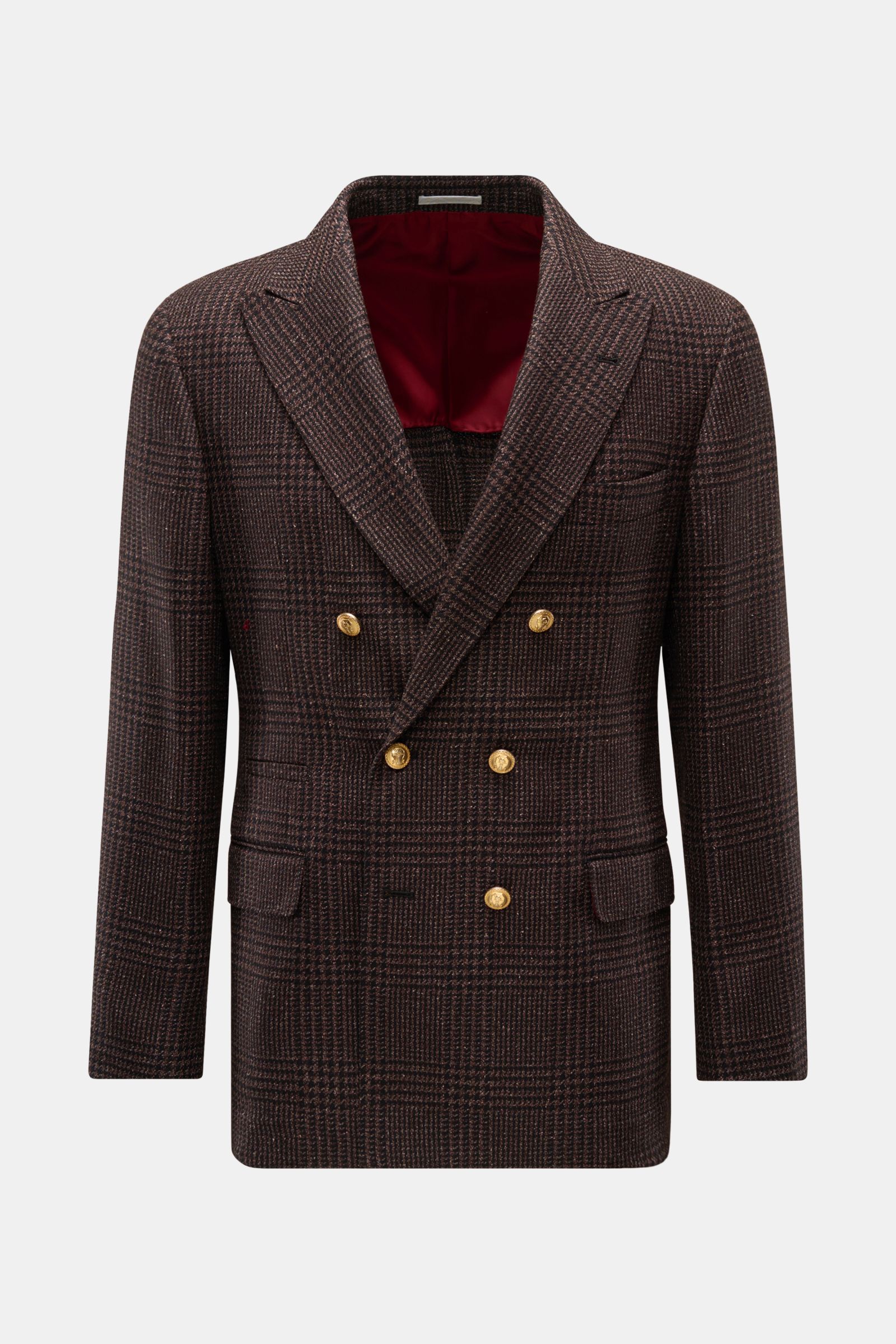 Brunello Cucinelli Sakko schwarz/braun kariert, Slim Fit, tonaler Glencheck, zweireihig, drei Knöpfe, goldfarbene Logo-Knöpfe, weicher Griff, Mix aus Wolle, Alpaka und Seide, von vorne fotografiert.