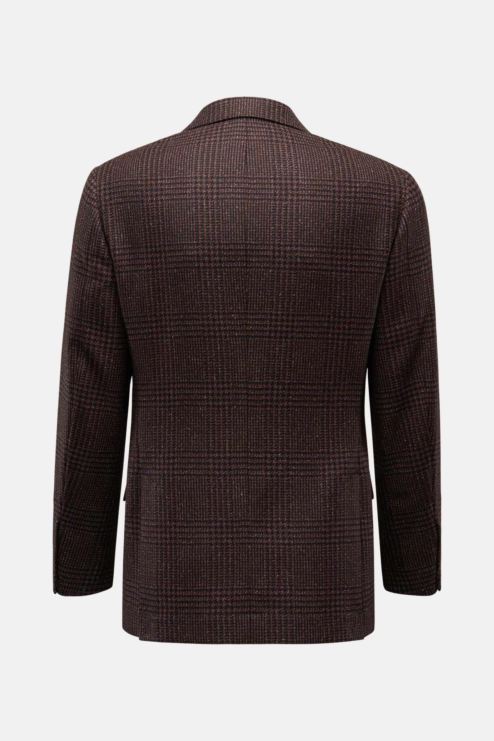 Brunello Cucinelli Sakko schwarz/braun kariert, Rückansicht, Slim Fit, Mix aus Wolle, Alpaka, Seide, tonaler Glencheck, weich, zweireihig, goldene Knöpfe, halb gefüttert.