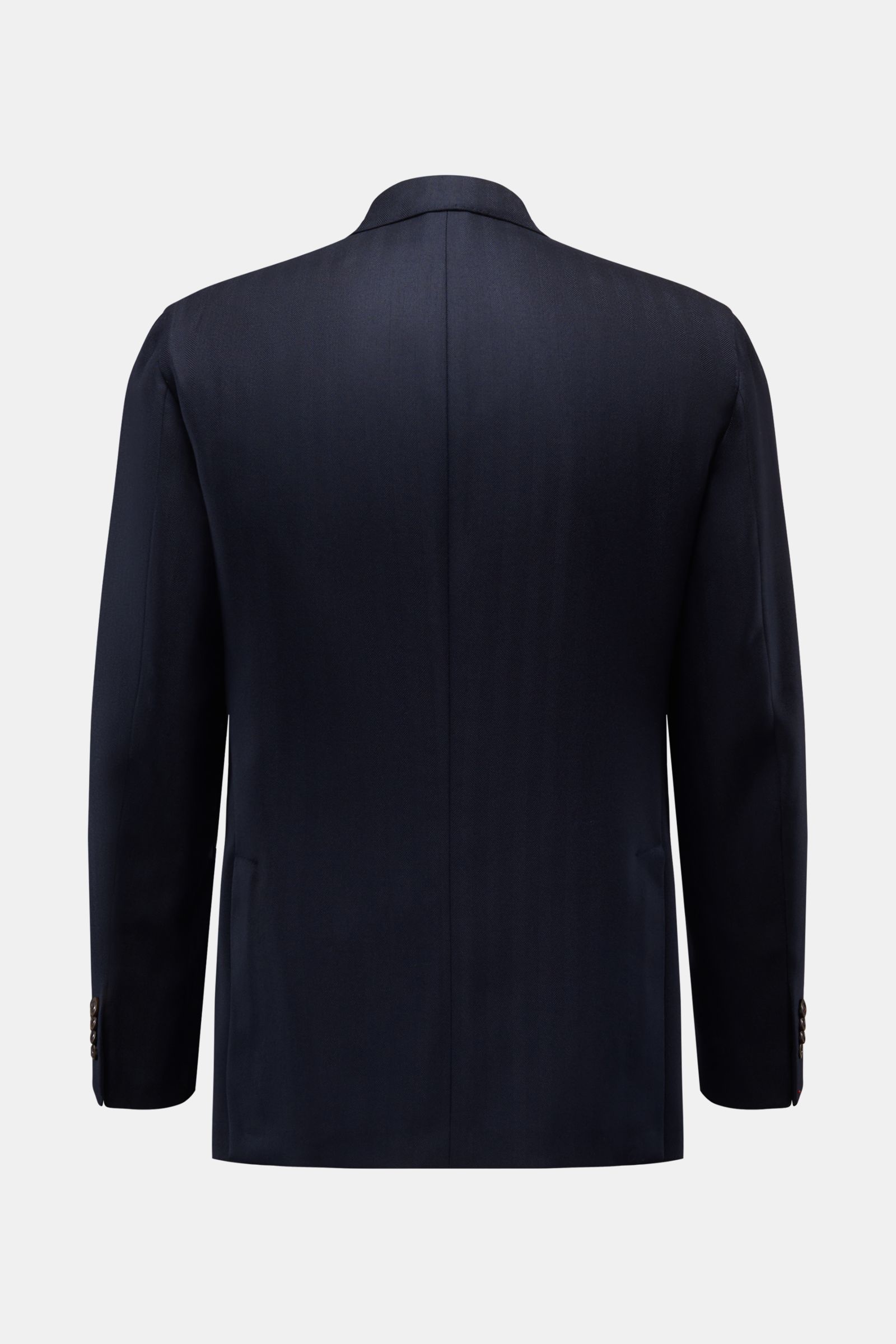 Back view of Boglioli Sakko 'K. Jacket' navy made of reine Schurwolle with tonal herringbone, slim fit, two rear side vents, unconstructed design, two inner pockets, two-button cuffs with kissing buttons, classic breast pocket, patch hip pockets, two-row 