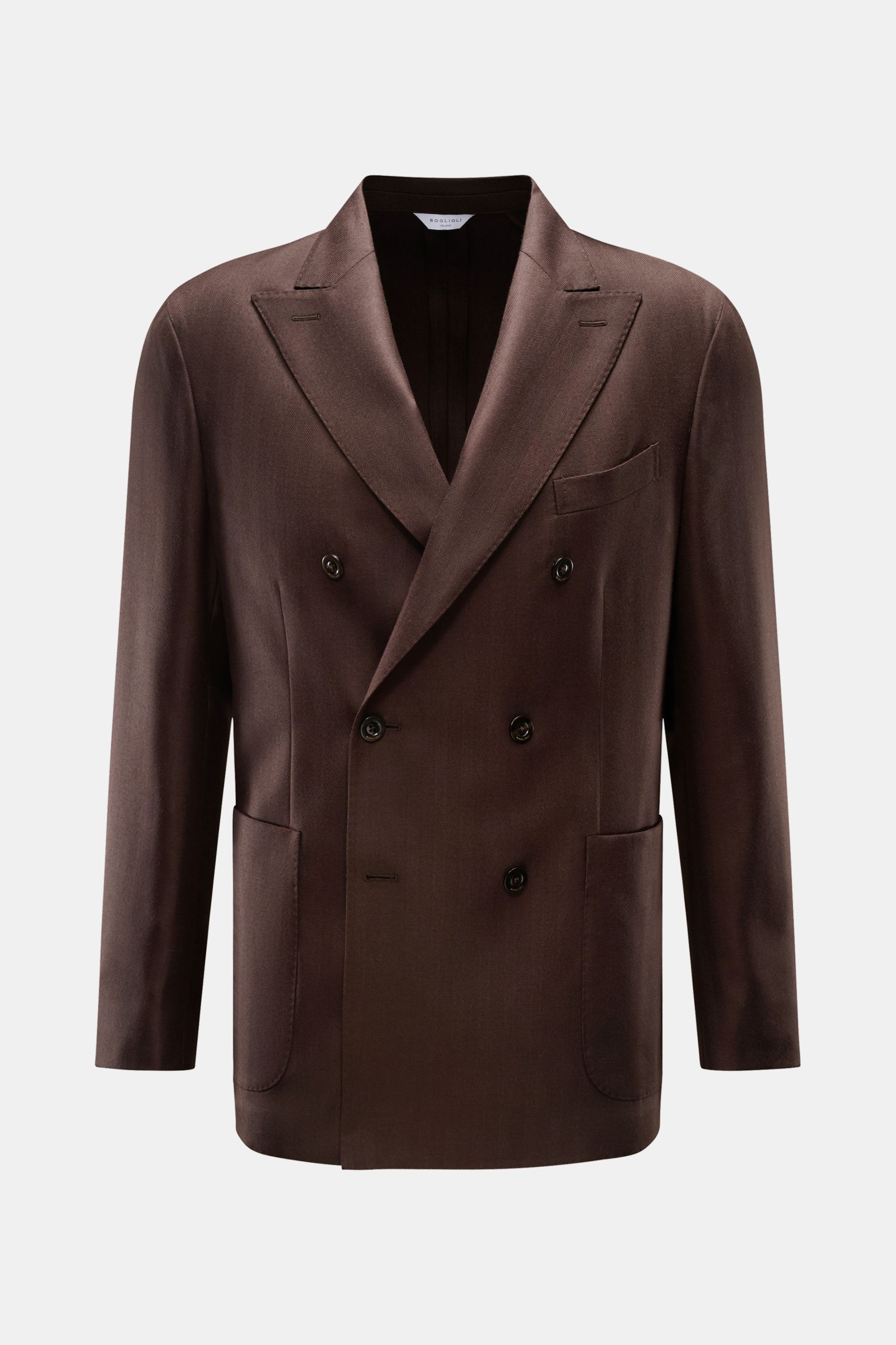 Front view of Boglioli Sakko 'K. Jacket' dunkelbraun in pure new wool with tonal herringbone, slim fit, double-breasted three-button style, peak lapels, classic breast pocket, patch hip pockets, kissing buttons, rear side vents, unconstructed design, and 