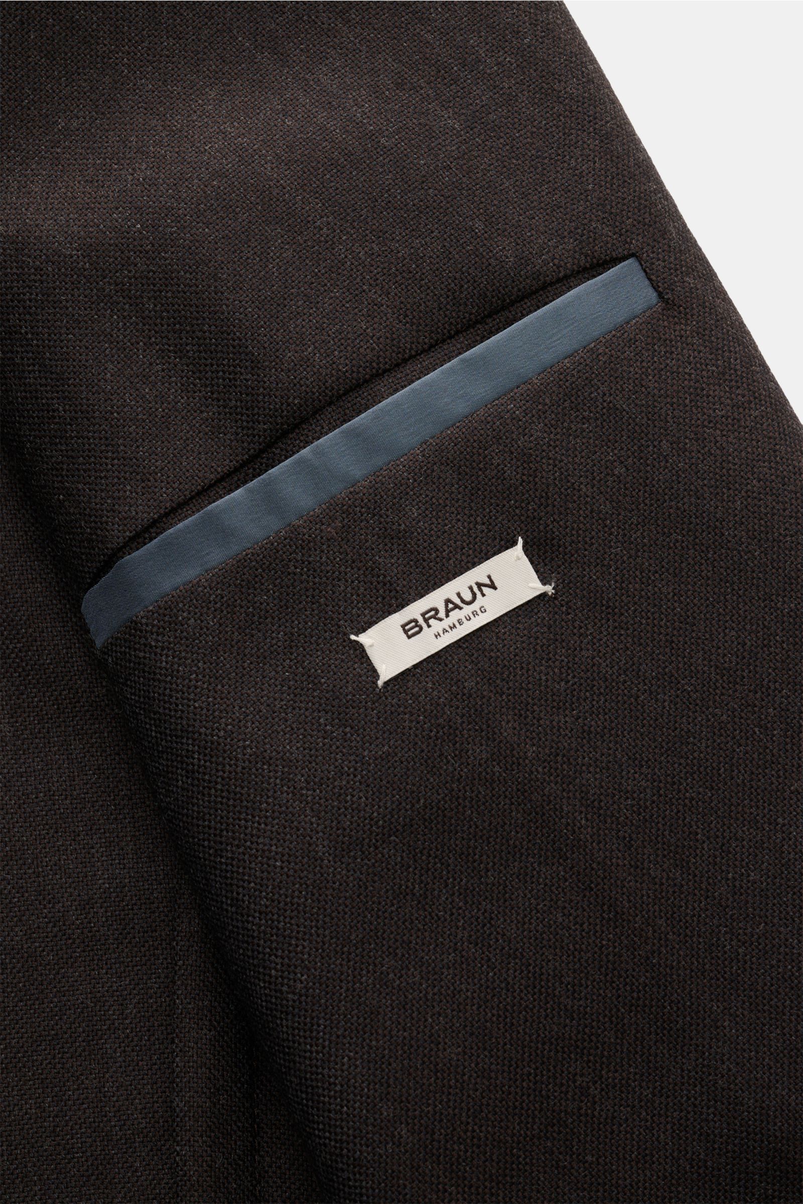 Boglioli Sakko 'K. Jacket' dunkelbraun aus reiner Wolle mit strukturierter Leinwandbindung, Detailaufnahme der Innentasche und Label von Braun Hamburg.