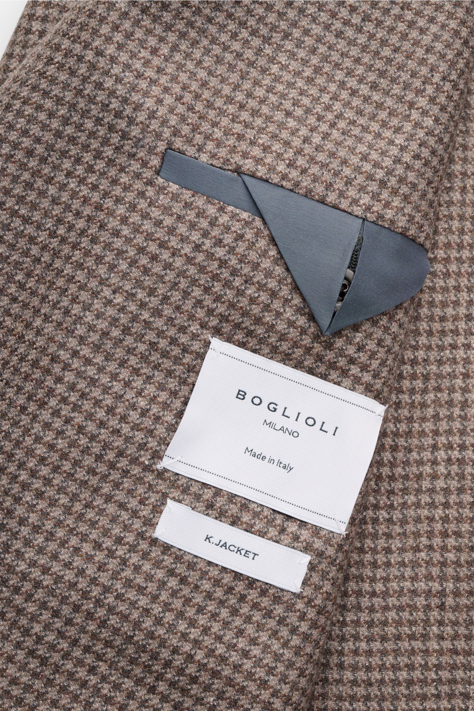 Boglioli Sakko 'K. Jacket' graubraun/dunkelgrau kariert, Detailansicht innen mit Etiketten, Mix aus Wolle, Seide, Leinen.