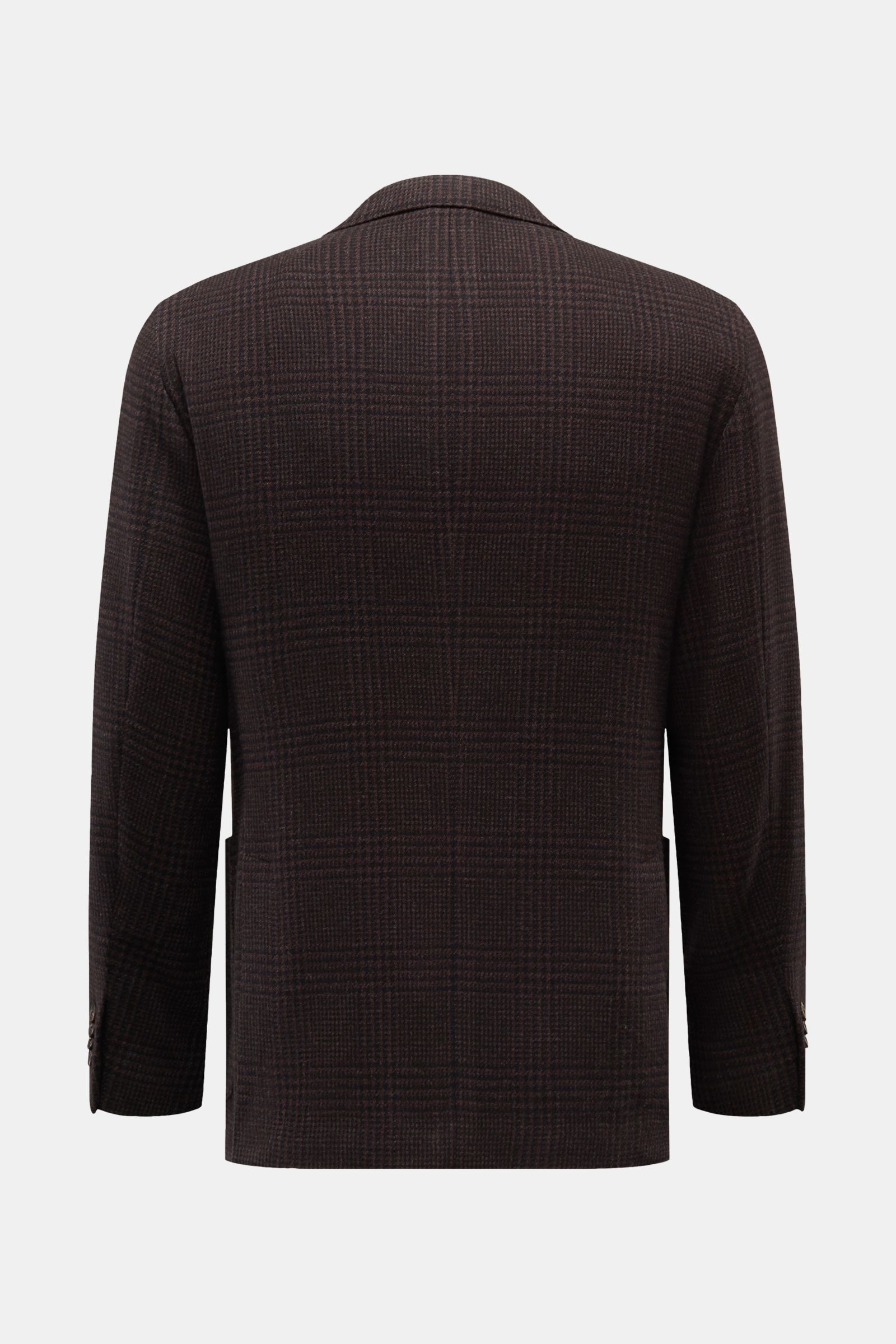 Back view of the Boglioli Sakko 'K. Jacket' dunkelbraun/schwarz kariert, an unconstructed slim fit wool-cashmere blend jacket with classic Glencheck pattern, featuring soft touch, half lining, two-button style, tailliert design, and side slits, showcasing