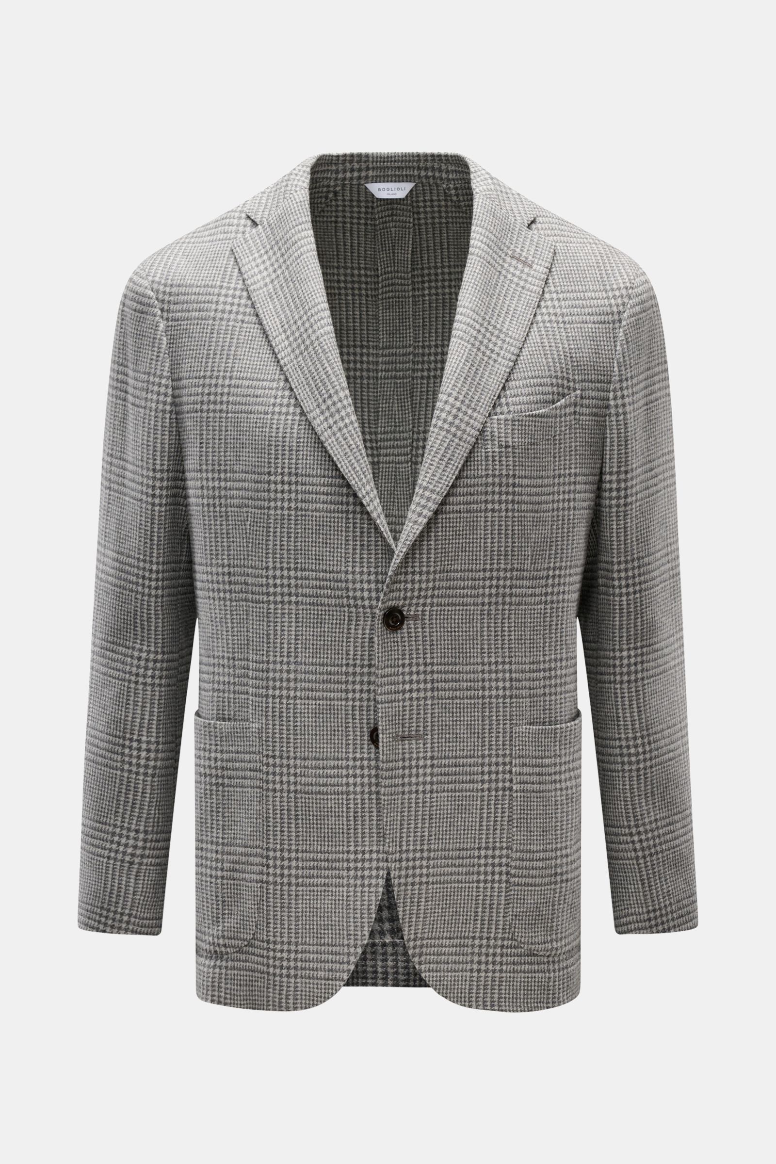Boglioli Sakko 'K. Jacket' hellgrau/dunkelgrau kariert, Slim Fit, Wolle mit Cashmere, Glencheck, fallendes Revers, Zwei-Knopf-Stil, Taschen, Kissing Buttons, halb gefüttert, Seitenschlitze, frontale Ansicht.