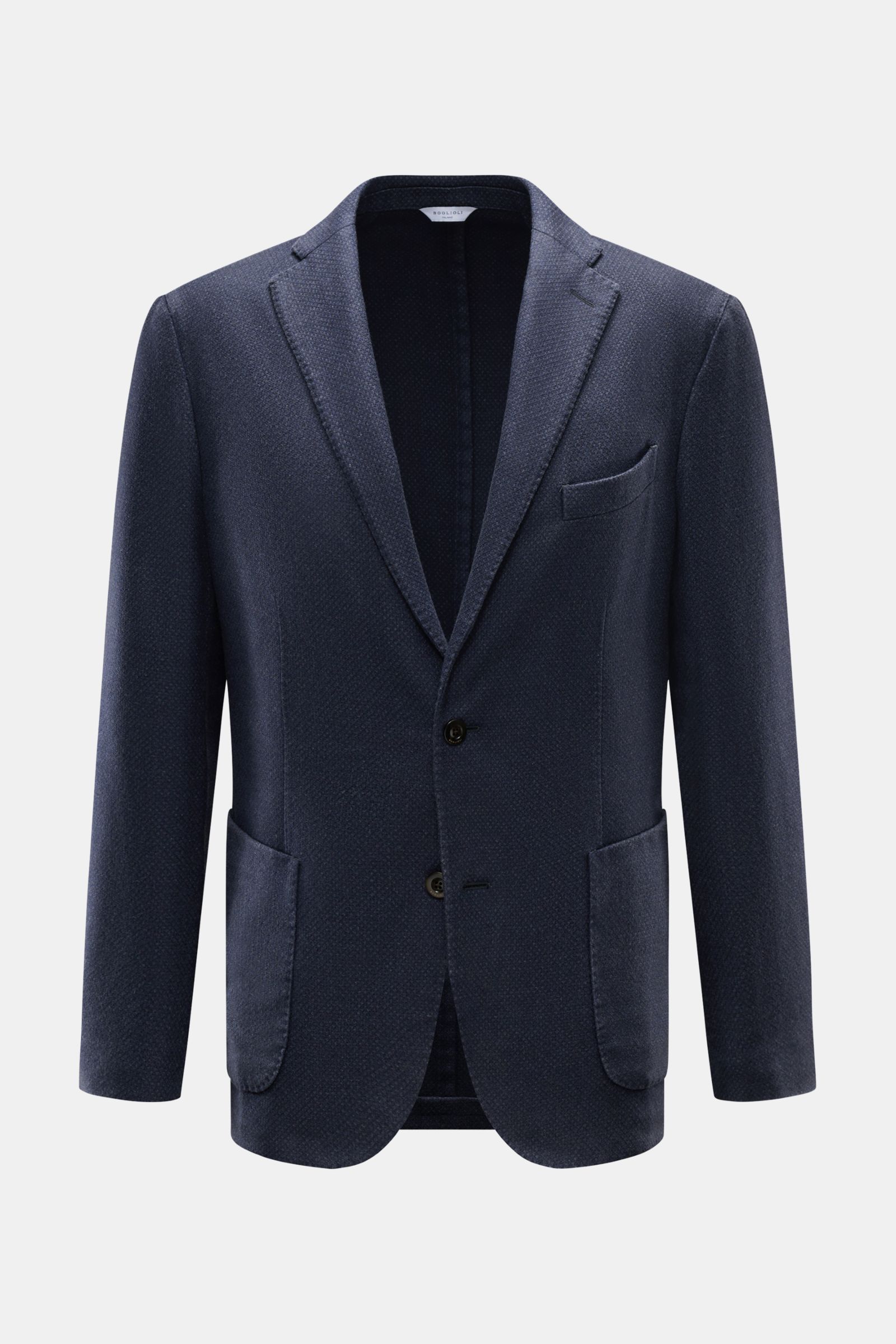 Boglioli Sakko 'K. Jacket' navy meliert, frontal fotografiert, Unconstructed Design, Slim Fit, Cashmere-Woll-Mix, zwei Knöpfe, fallendes Revers, Brust- und Hüfttaschen.