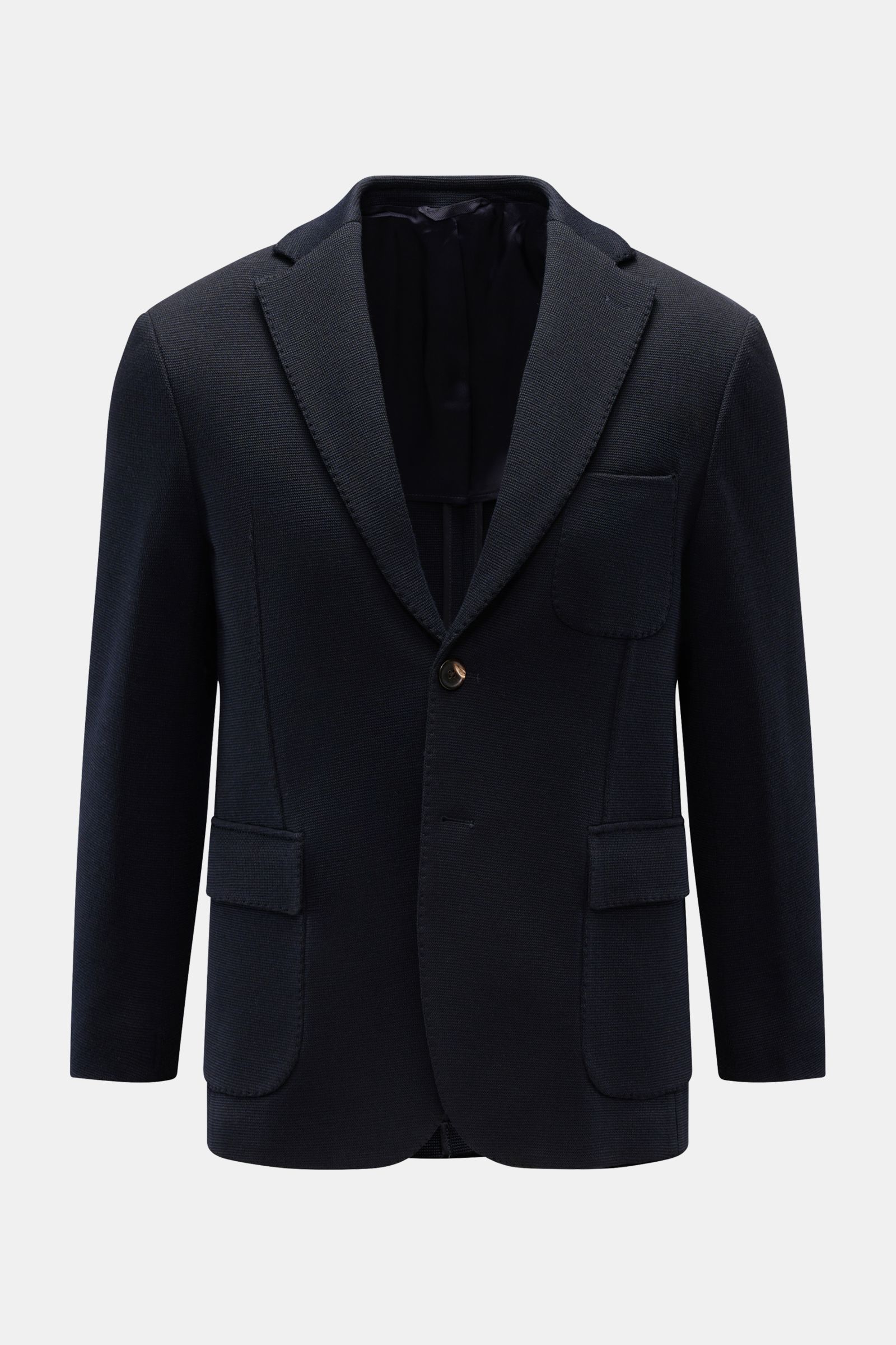 Doppiaa Strickblazer 'Aanfiro' navy, frontale Ansicht, taillierter Zwei-Knopf-Stil, elastischer Woll-Microfaser-Strick, Slim Fit, aufgesetzte Taschen, fallendes Revers.