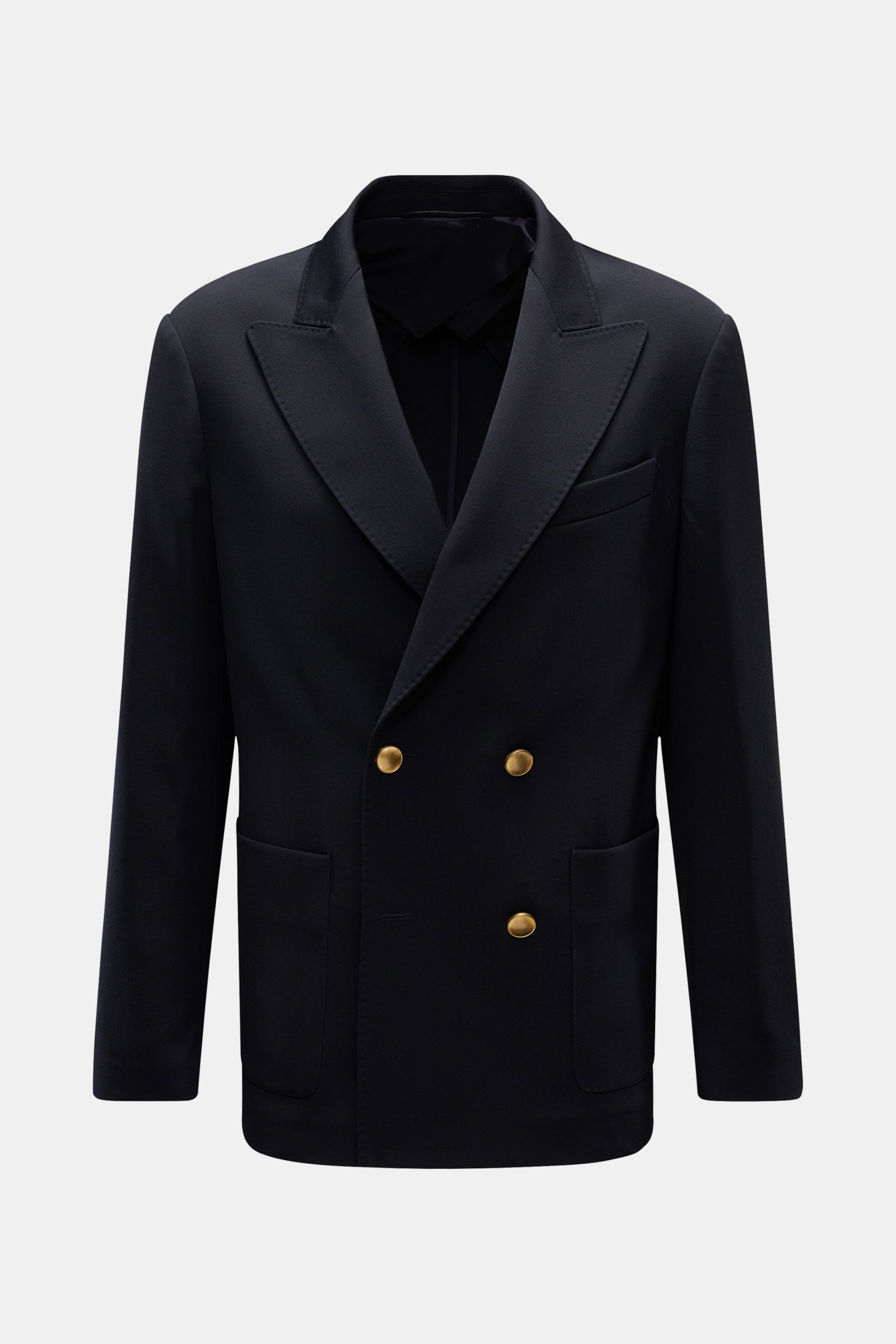 Front view of Doppiaa Sakko 'Aanversa' navy, a slim fit, double-breasted wool twill blazer with gold buttons, peak lapels, chest pocket, patch hip pockets, buttoned sleeve cuffs, center back vent, half-lined interior with two inner pockets. Schnelles Styl