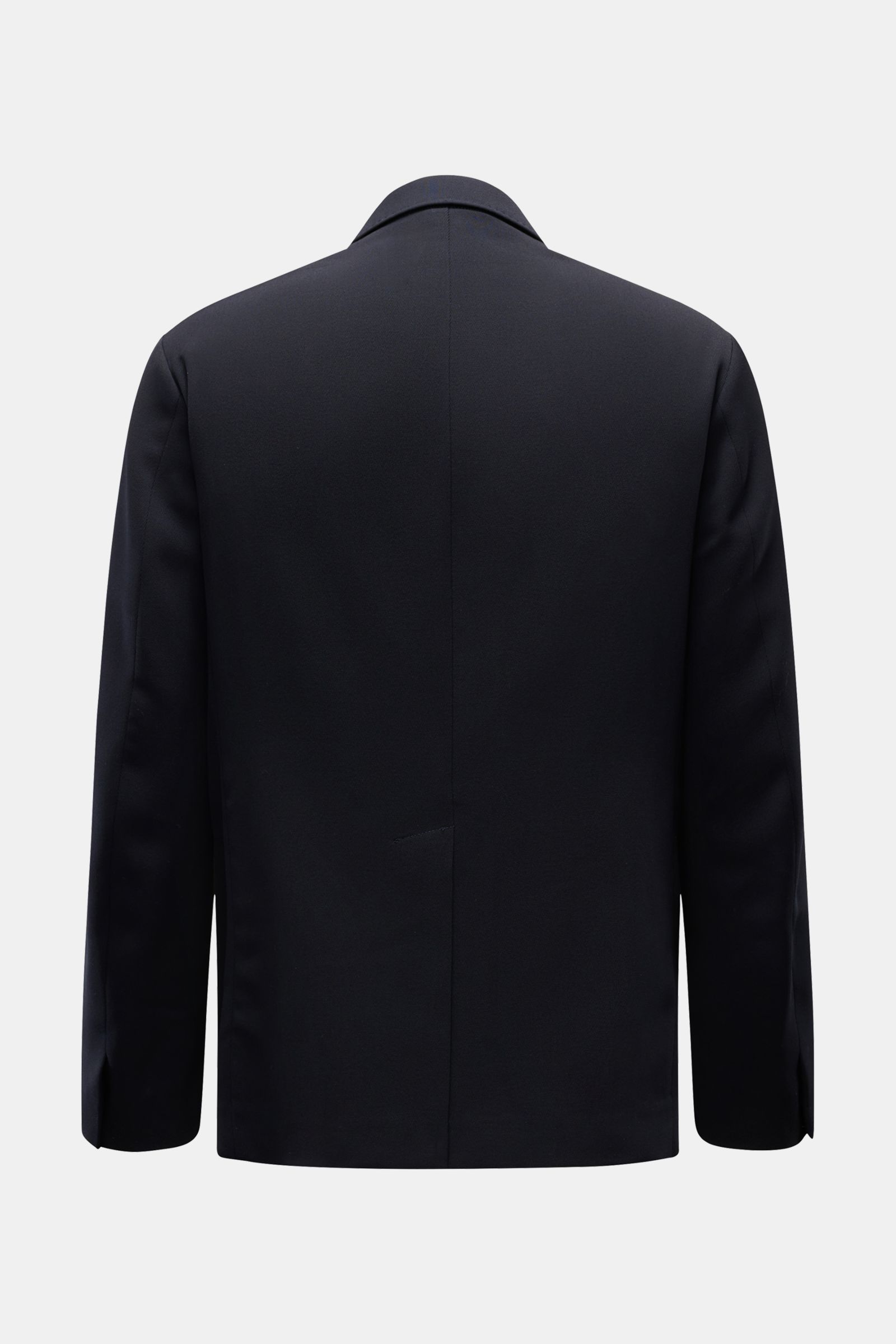 Back view of Doppiaa Sakko 'Aanversa' navy in slim fit pure wool twill, featuring a double-breasted two-button style, peaked lapels, and a center back vent. Schnelles Styling gefällig? Das stilvolle, maritim anmutende Sakko 'Aanversa' von DOPPIAA aus e