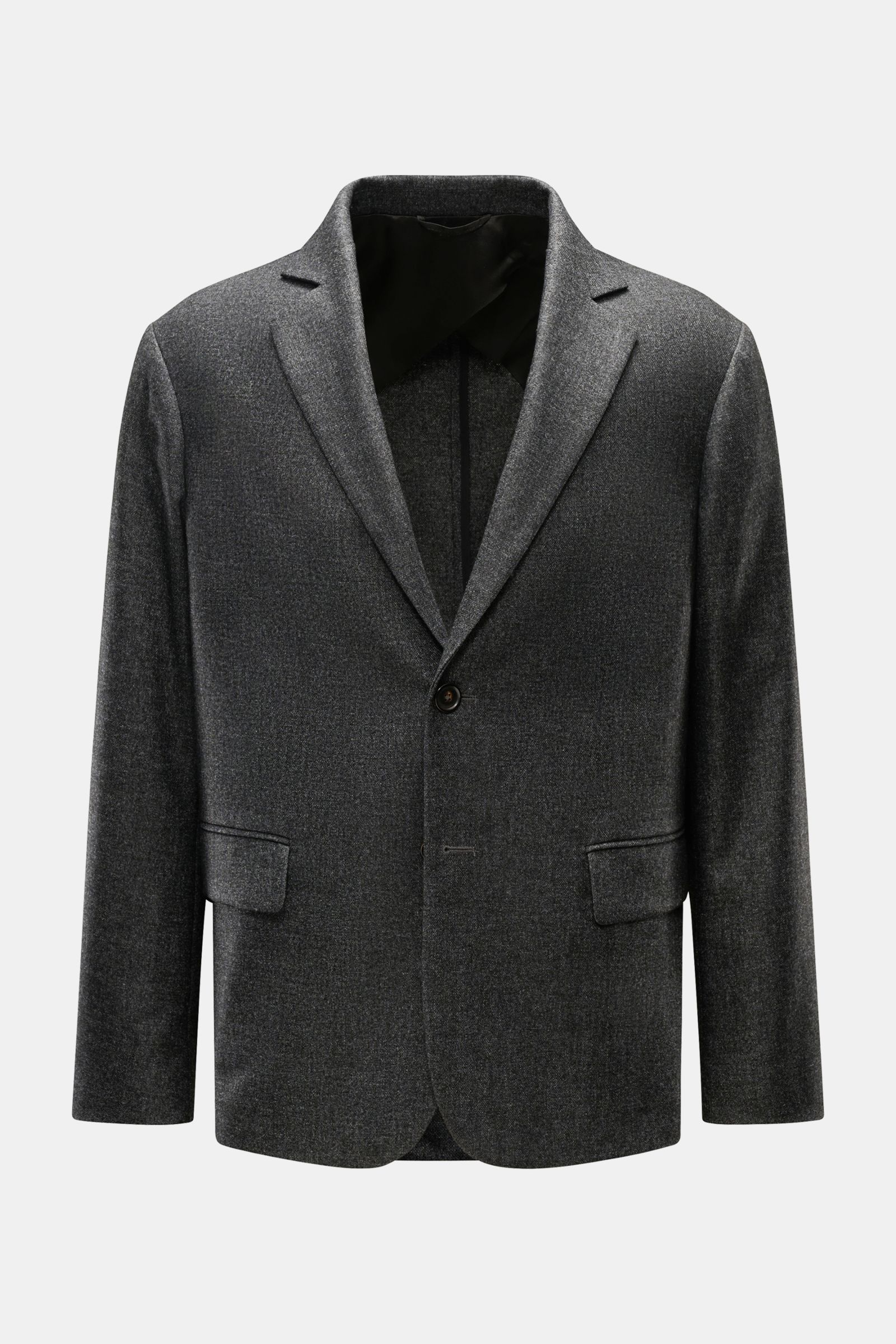Doppiaa Sakko 'Aantilope' anthrazit meliert shown from the front, sportiv elegant two-button slim fit jacket in cashmere mix with soft touch, notch lapels, flap hip pockets, hidden button sleeve cuffs, single back vent, half-lined with two inner pockets. 