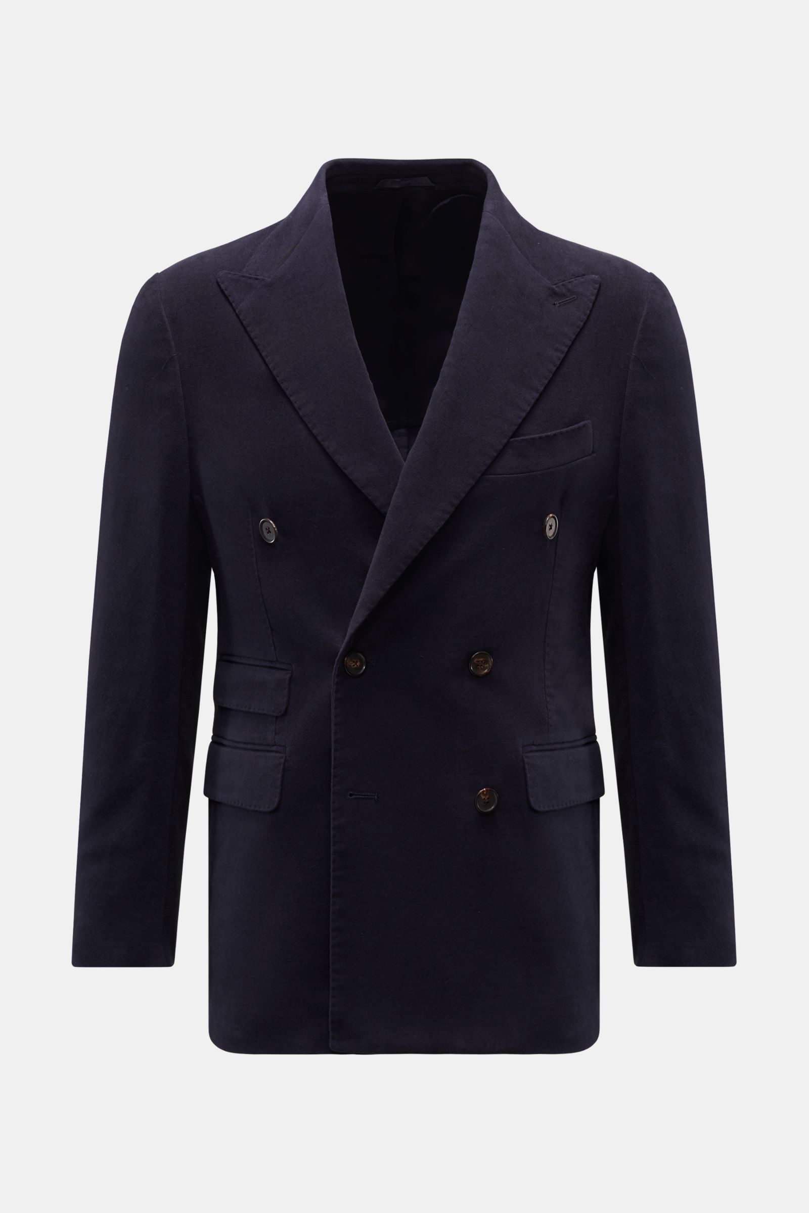 Doppiaa Sakko 'Aaradeo' navy, frontal fotografiert, Slim Fit, zweireihig, Baumwoll-Fleece, Spitzrevers, Brust- und Hüfttaschen, halb gefüttert.