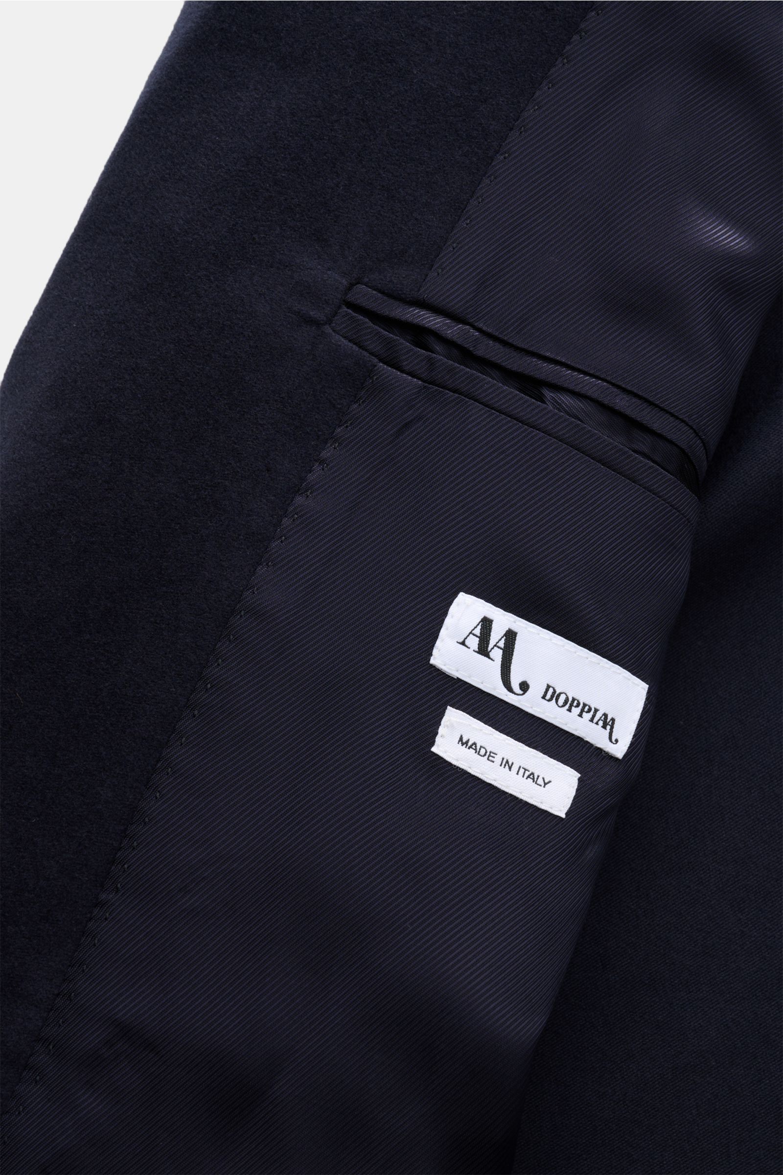 Doppiaa Sakko 'Aaradeo' navy Innenansicht, halb gefüttert, Baumwoll-Fleece, Slim Fit, Innentaschen, Etiketten 'Made in Italy' und Doppiaa.
