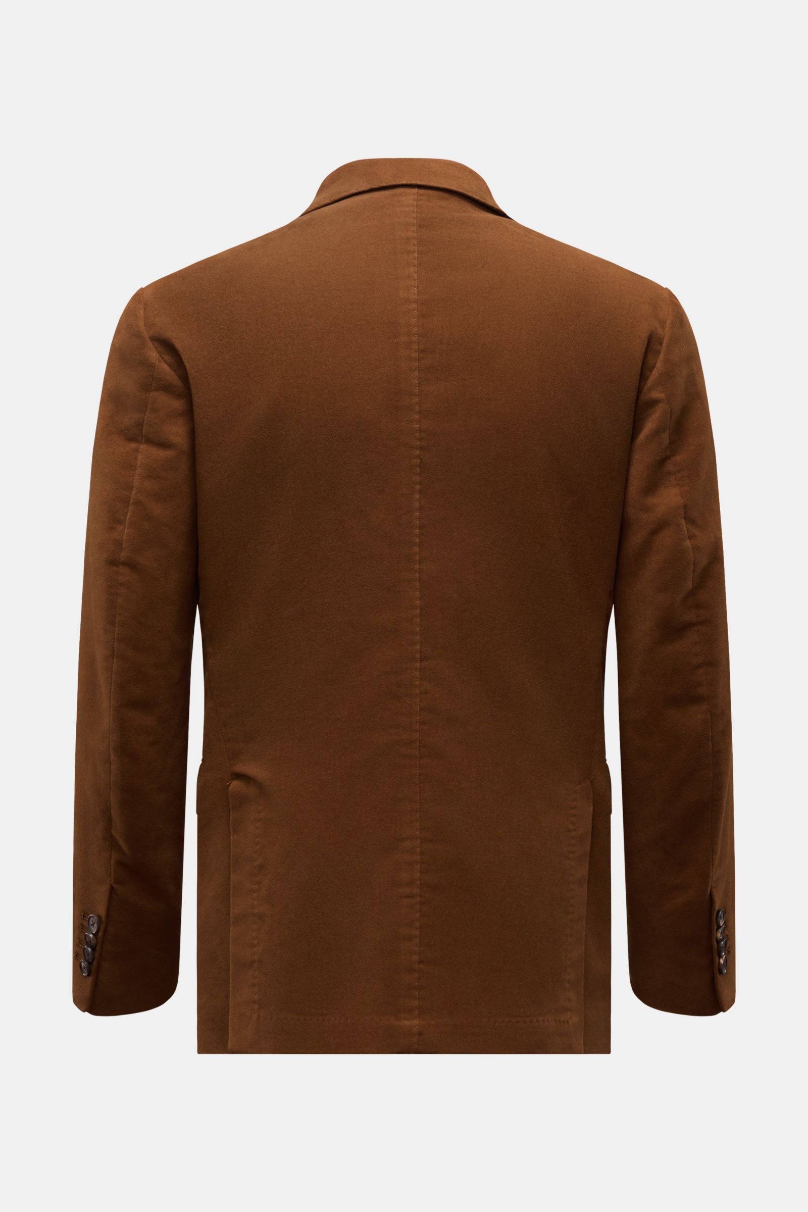 Rückansicht des braunen Doppiaa Sakko 'Aaradeo' aus softem Baumwoll-Fleece, Slim Fit, zweireihig, mit Seitenschlitzen, halb gefüttert.