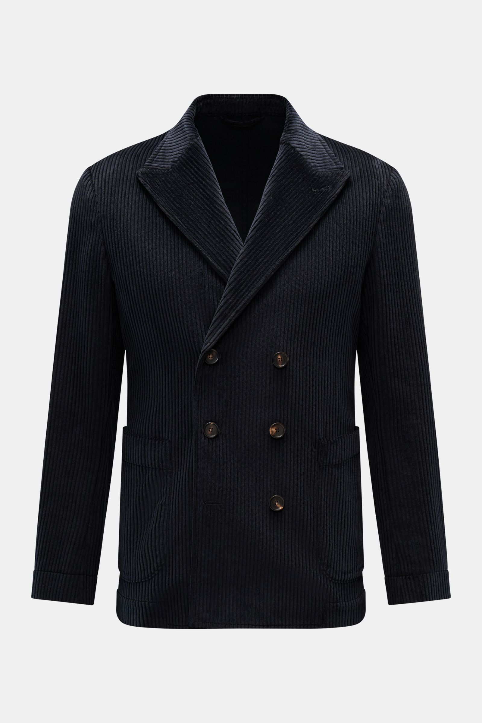Front view of the Doppiaa Corduroy smart-casual jacket 'Aansonia' navy, slim fit, double breasted three-button style with pointed lapel, patch hip pockets, sleeve cuff with concealed button, side vents at the back, one inside pocket, made of cotton cordur