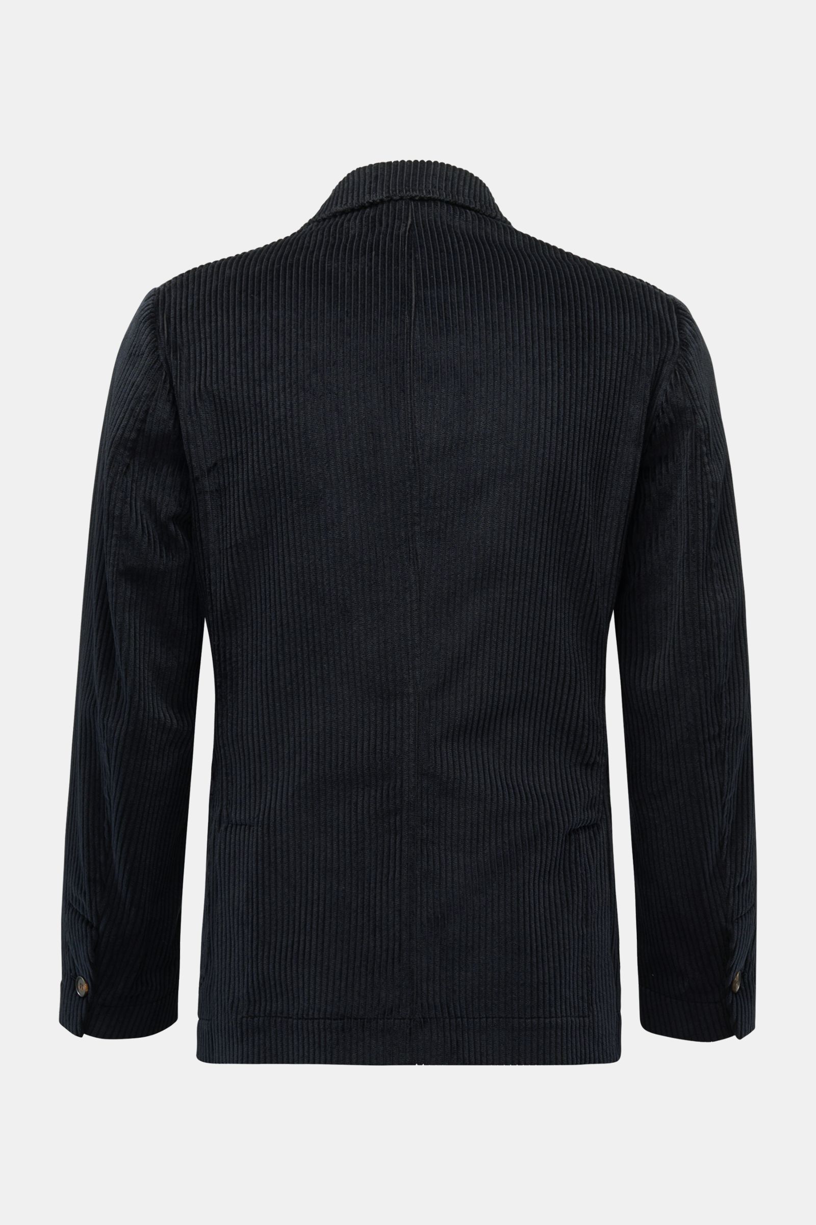 Back view of the Doppiaa Corduroy smart-casual jacket 'Aansonia' navy, slim fit, corduroy made of cotton, double breasted three-button style, pointed lapel, patch hip pockets, sleeve cuff with concealed button, side vents at the back, one inside pocket.