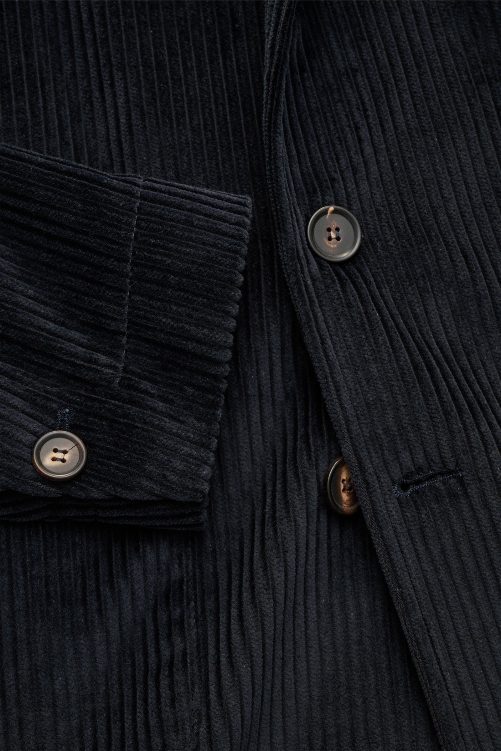 Close-up front view of the Doppiaa Corduroy smart-casual jacket 'Aansonia' navy, cotton slim fit, double breasted, pointed lapel, patch hip pockets, sleeve cuff with concealed button, side vents, and one inside pocket.