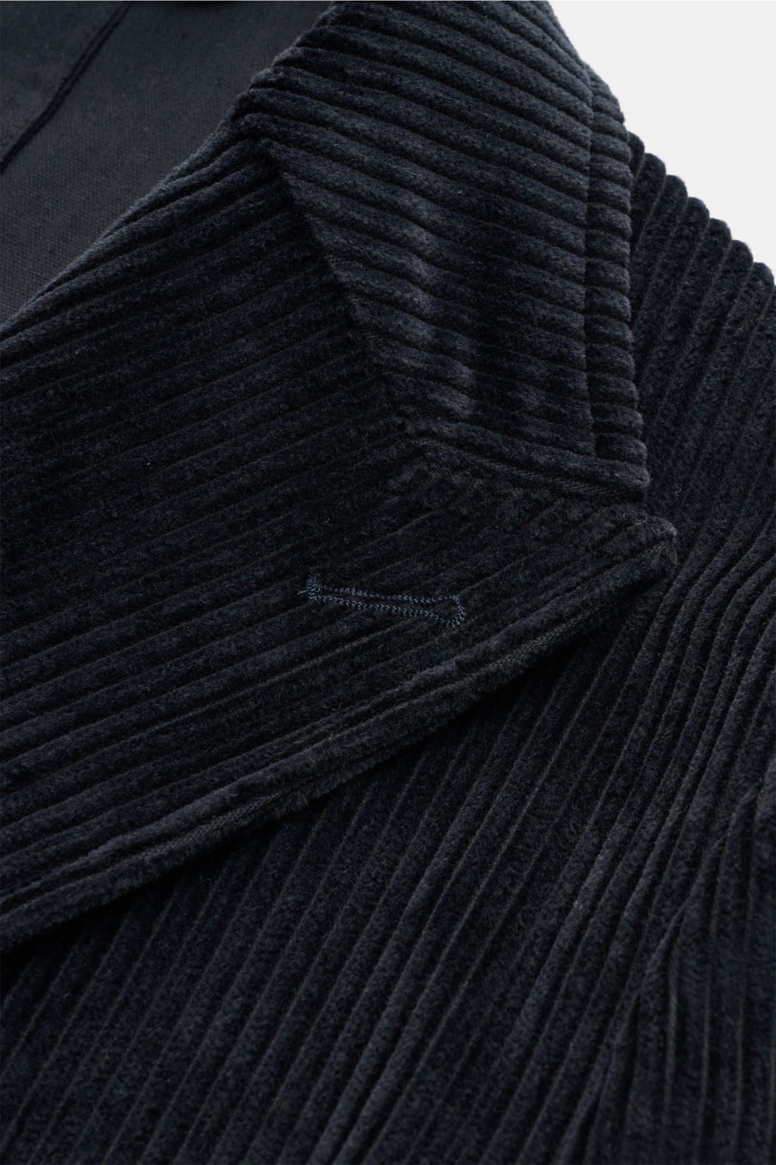 Close-up front top view of the Doppiaa Corduroy smart-casual jacket 'Aansonia' navy, featuring corduroy made of cotton, slim fit, double breasted three-button style, pointed lapel, patch hip pockets, sleeve cuff with concealed button, side vents at the ba