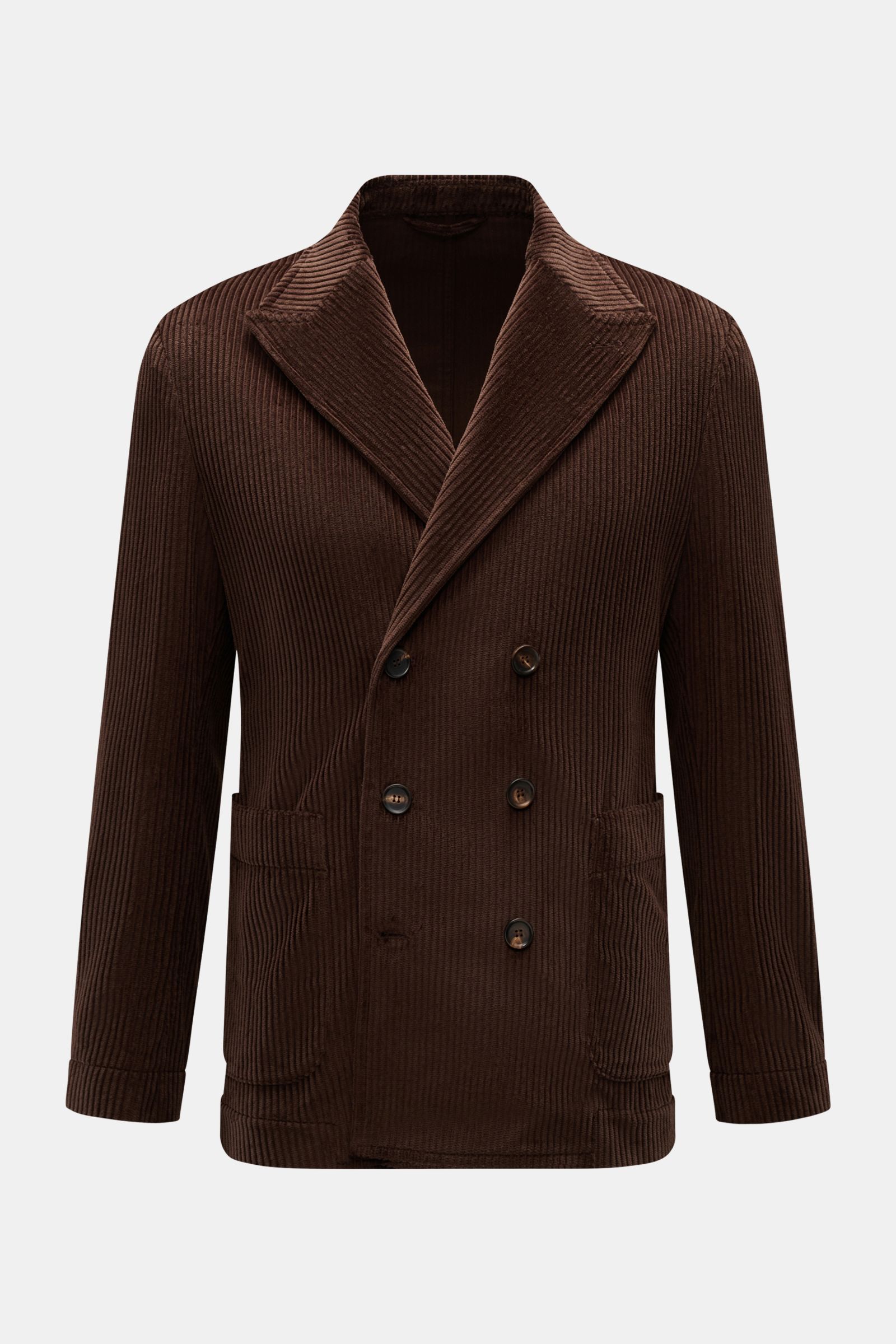 Doppiaa Cord-Sakko 'Aansonia' dunkelbraun, Slim Fit, aus Baumwoll-Cord, frontale Ansicht, zweireihiger Drei-Knopf-Stil, Spitzrevers, aufgesetzte Hüfttaschen, Ärmel mit verdecktem Knopf, Seitenschlitze, eine Innentasche.