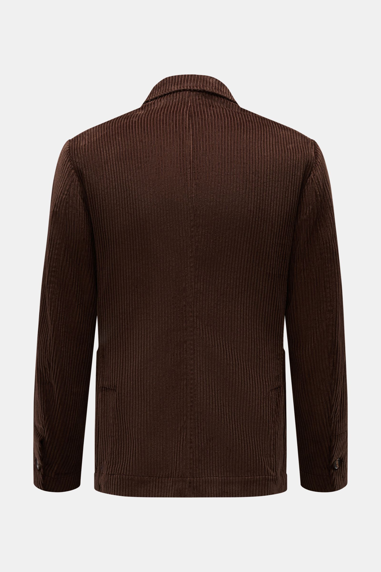 Doppiaa Cord-Sakko 'Aansonia' dunkelbraun, slim Fit, aus Baumwoll-Cord, rückseitige Ansicht, zweireihiger Drei-Knopf-Stil, Spitzrevers, aufgesetzte Hüfttaschen, Ärmel mit verdecktem Knopf, Seitenschlitze, eine Innentasche.