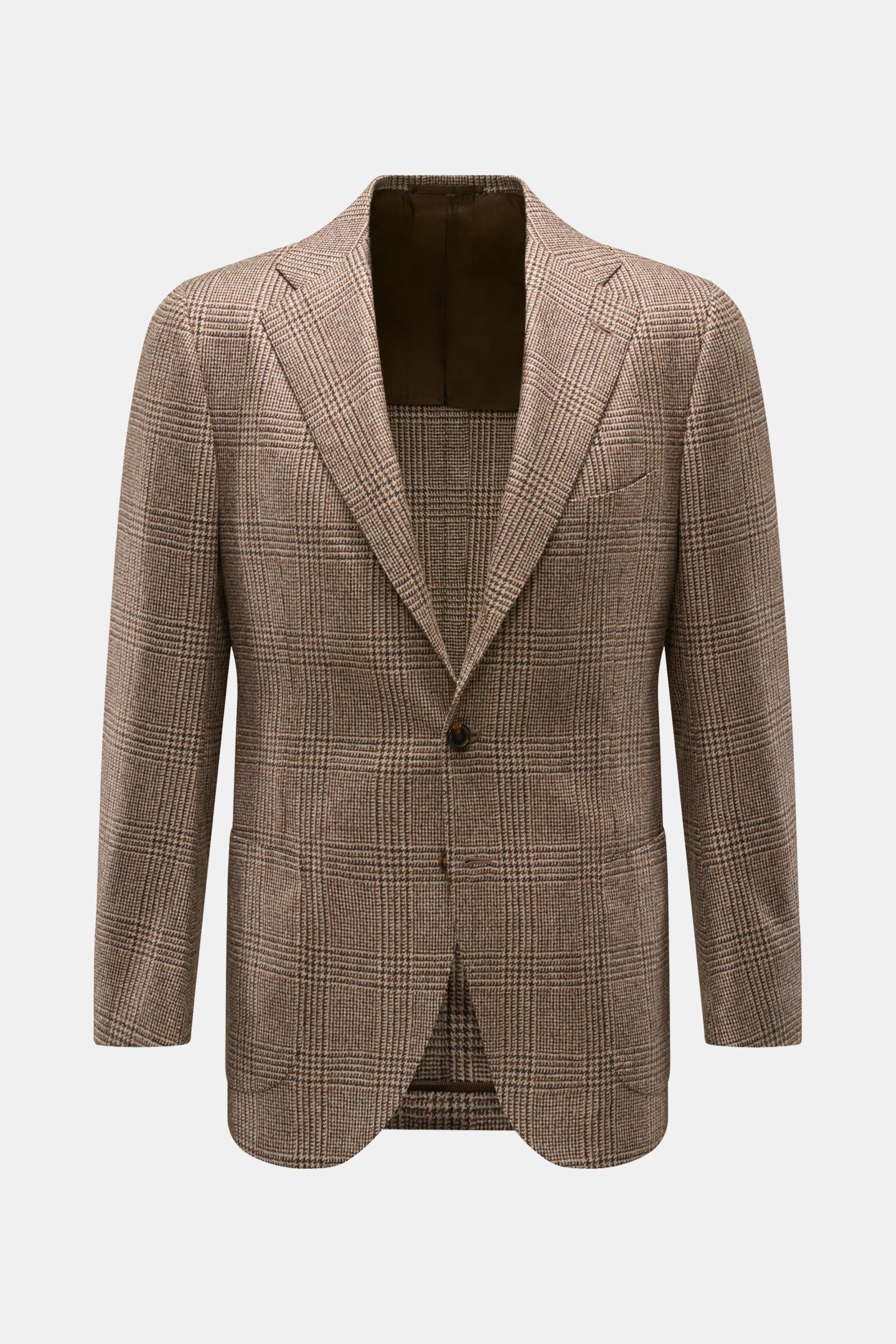 Front view of Cesare Attolini Cashmere Sakko braun/beige kariert, a slim fit, soft pure cashmere blazer with classic Glencheck, three-button style, notch lapel, patch hip pockets, chest pocket, unfinished sleeve ends, back side vents, half lined, and thre
