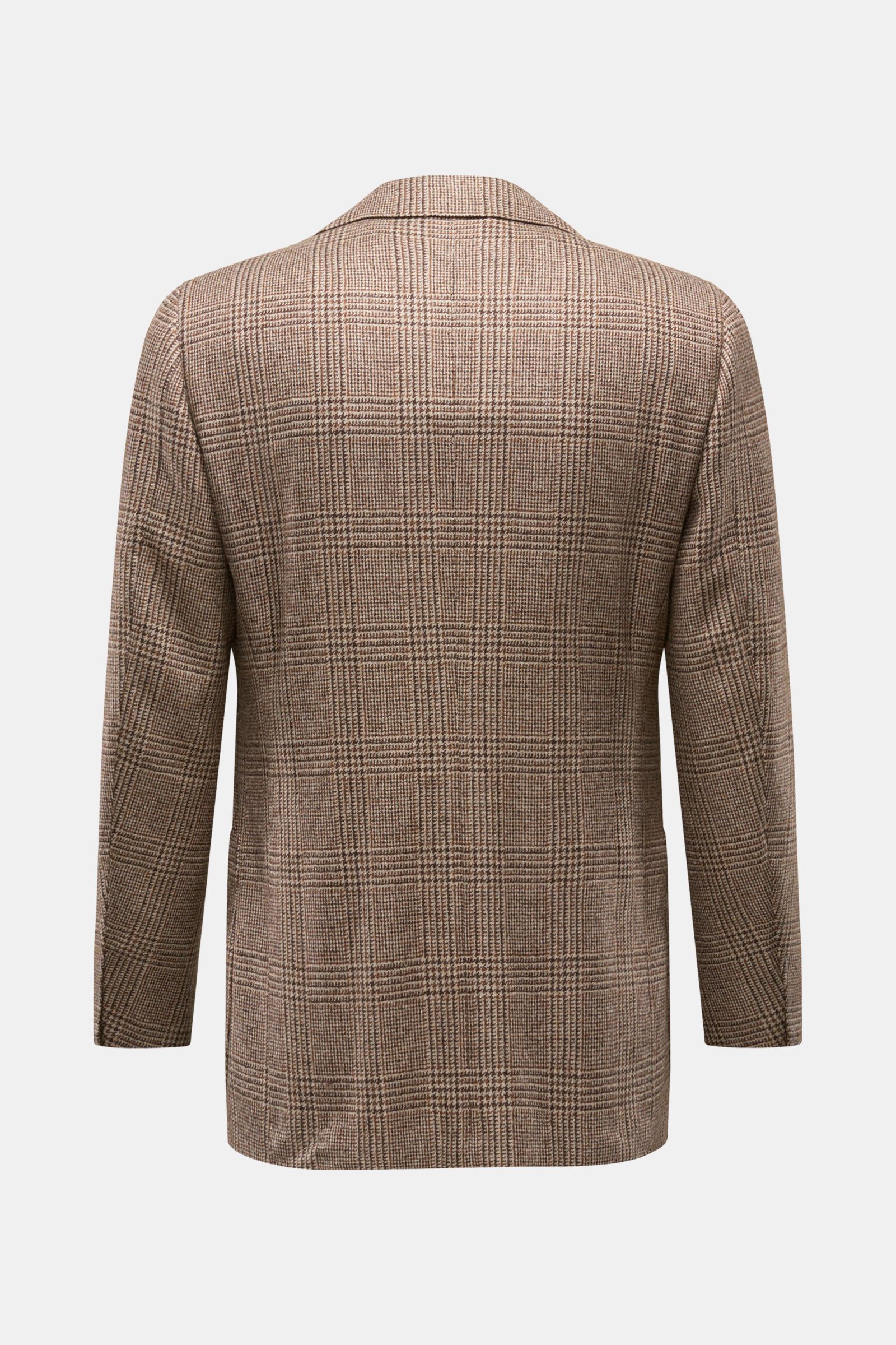 Back view of Cesare Attolini Cashmere Sakko braun/beige kariert in slim fit with classic Glencheck pattern, soft pure cashmere fabric, tailored three-button style, half-lined, unfinished sleeve cuffs, side vents, chest and hip pockets, and three inner poc