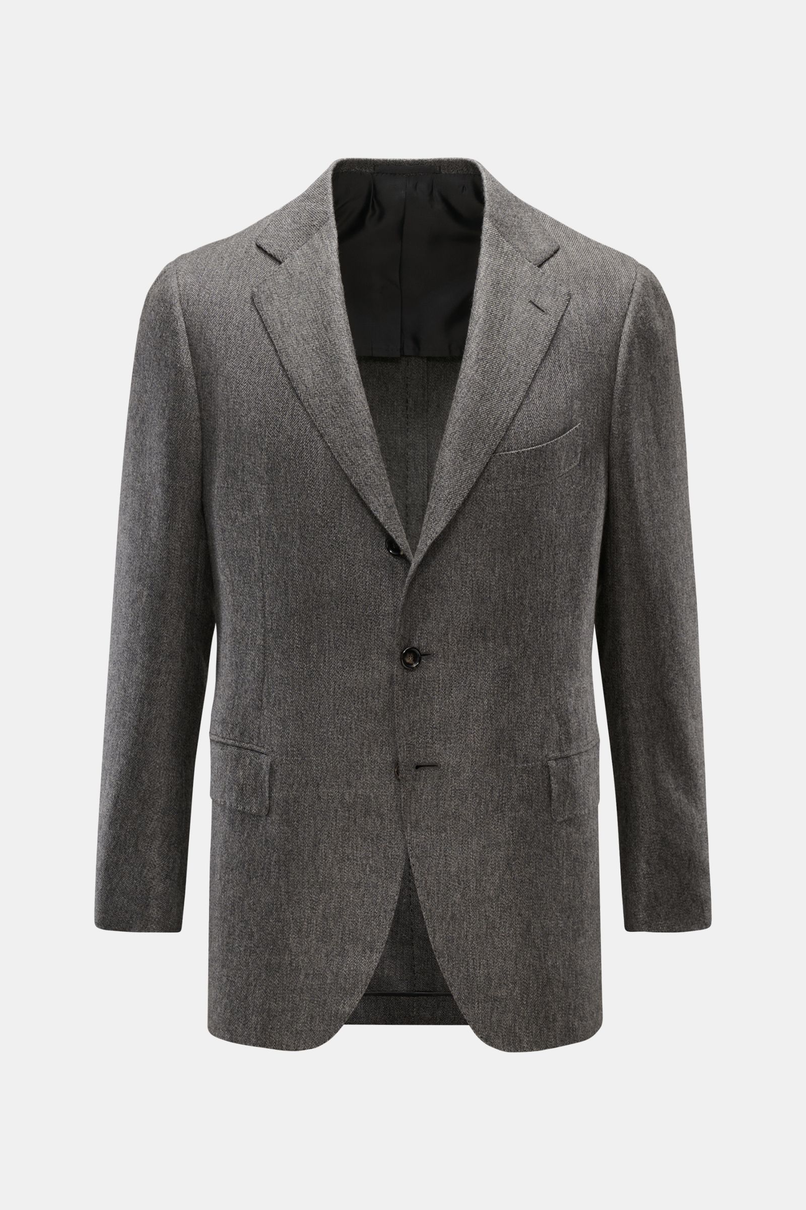 Front view of Cesare Attolini Cashmere jacket grey mottled, a slim fit, three-button smart-casual jacket made from pure cashmere with a step lapel and patch pockets.

Description: Enjoy luxury from CESARE ATTOLINI: This timeless smart-casual jacket is 