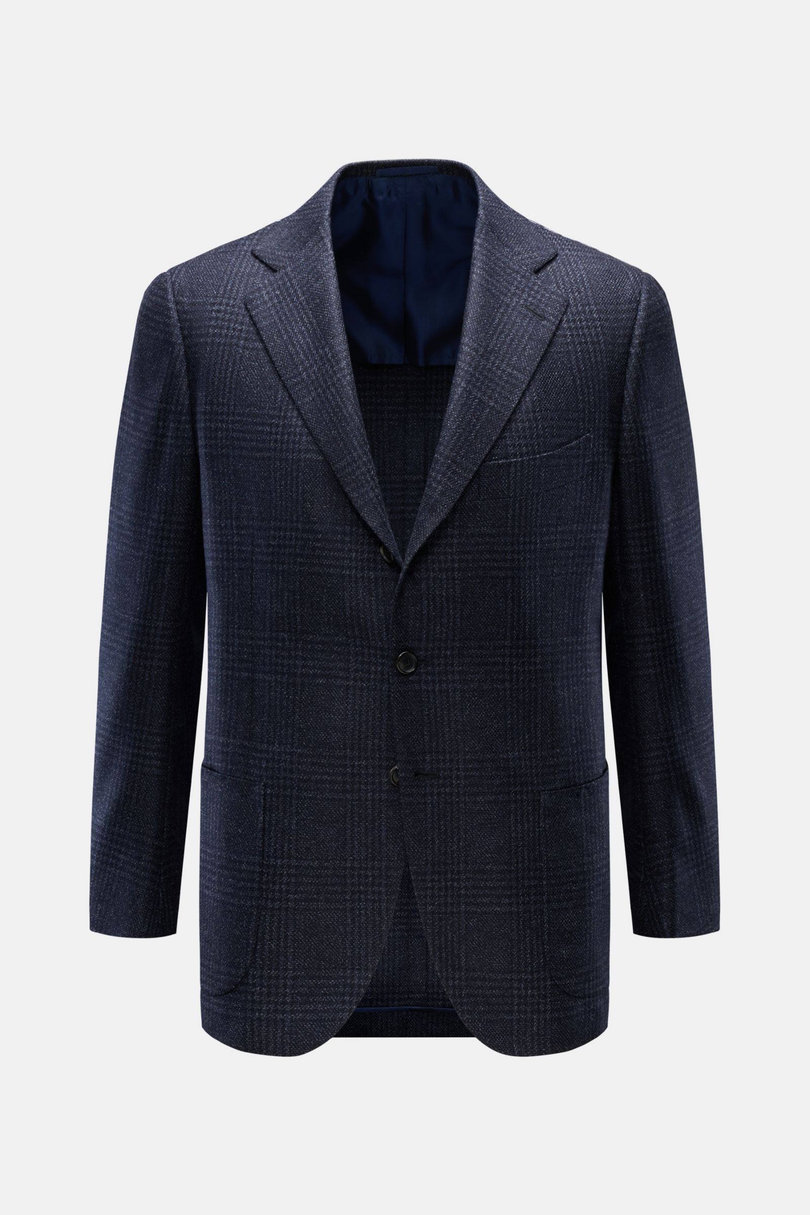 Front view of Cesare Attolini Sakko navy/dark navy kariert, a slim fit, tailored three-button blazer in classic Glencheck pattern made from fine wool and silk with soft touch, featuring notch lapels, chest pocket, patch hip pockets, unfinished sleeve ends