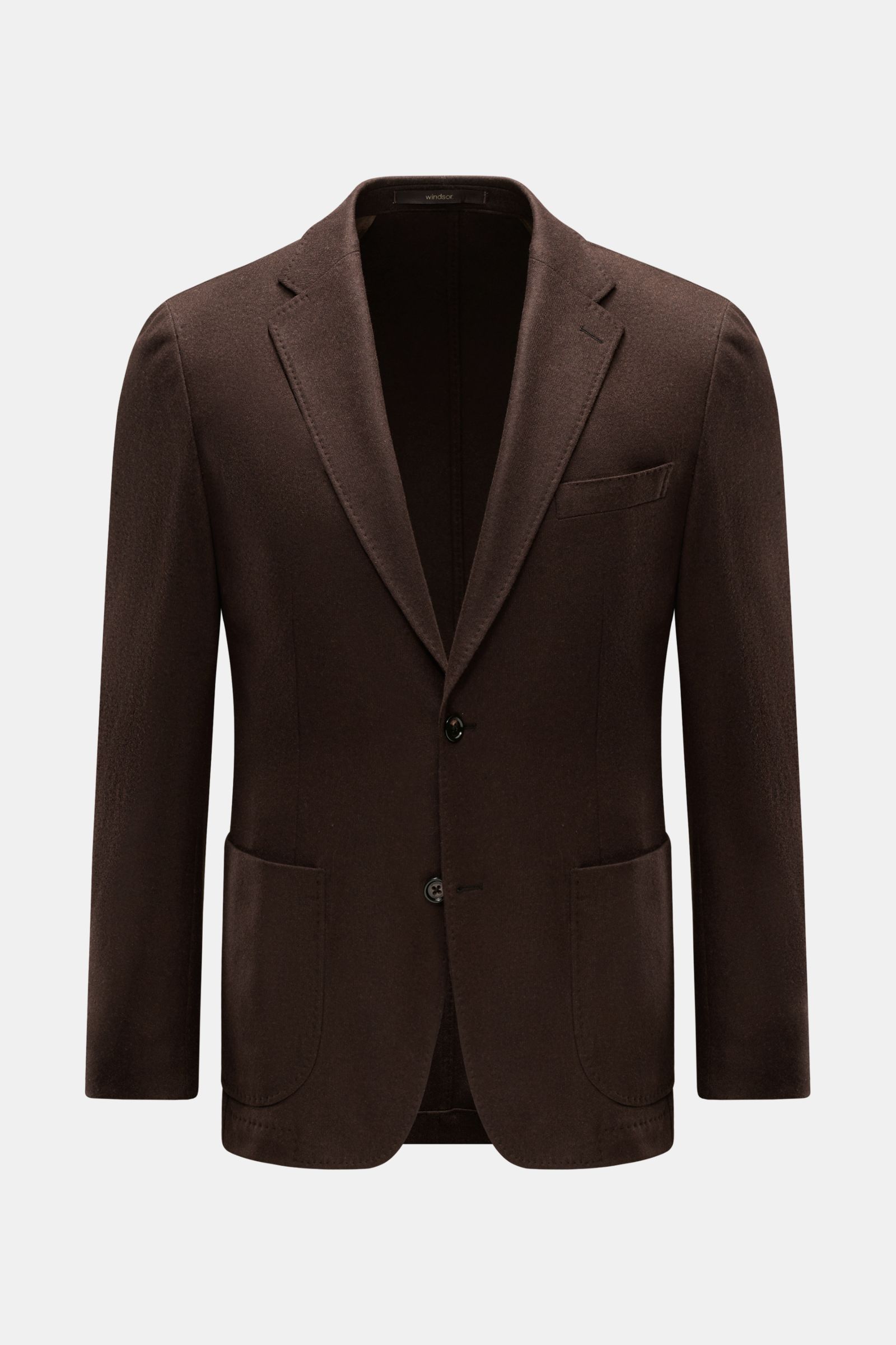 Front view of the Windsor Cashmere jacket 'Giro' dark brown, a stylish business essential in cashmere knit with slim fit, step lapel, two-button style, classic breast pocket, patch hip pockets, kissing buttons, side back vents, unconstructed design, and t