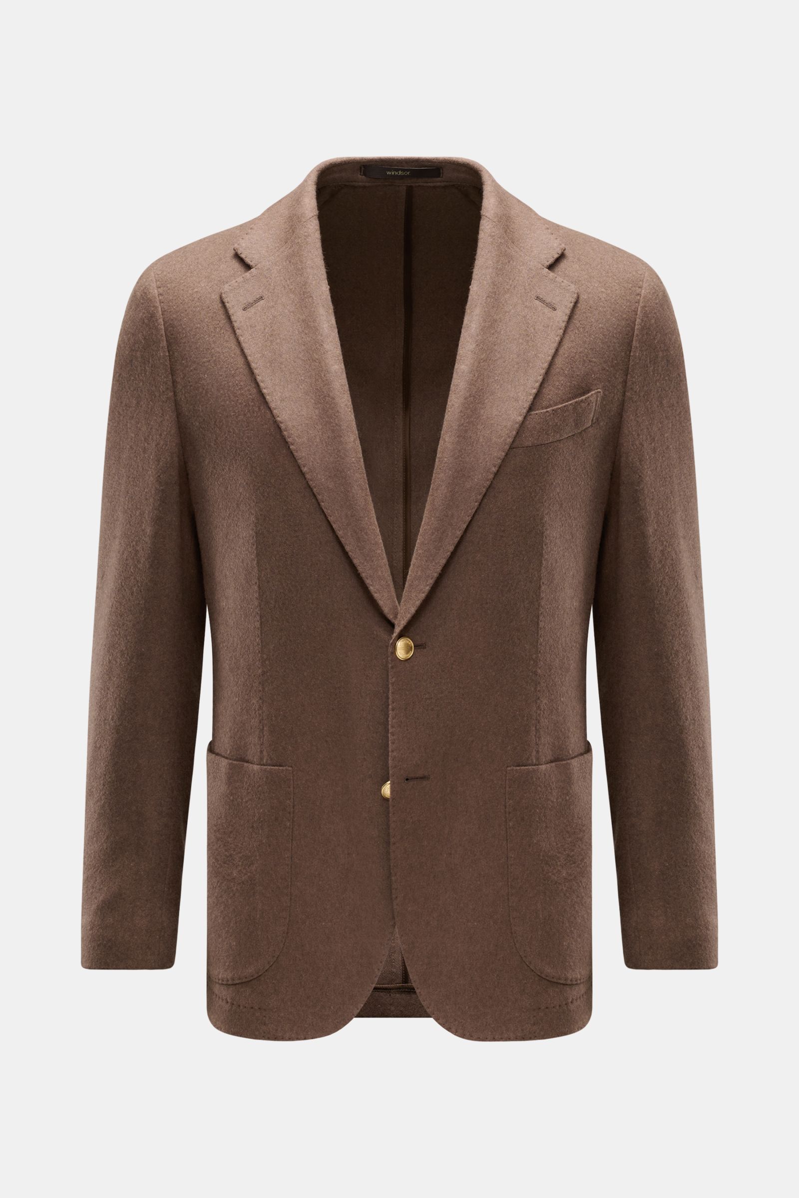 Windsor Cashmere Sakko 'Giorno' graubraun front view with slim fit, elastic cashmere, two-button style, patch pockets, and soft texture.