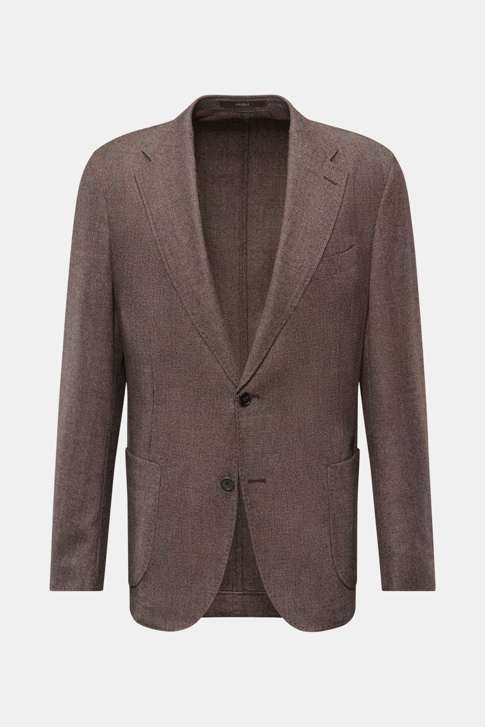 Front view of Windsor Smart-casual jacket 'Giro' grey-brown mottled, plain weave in virgin wool, soft feel, slim fit, step lapel, two-button style, classic breast pocket, patch hip pockets, kissing buttons, side vents at back, unconstructed design, three 