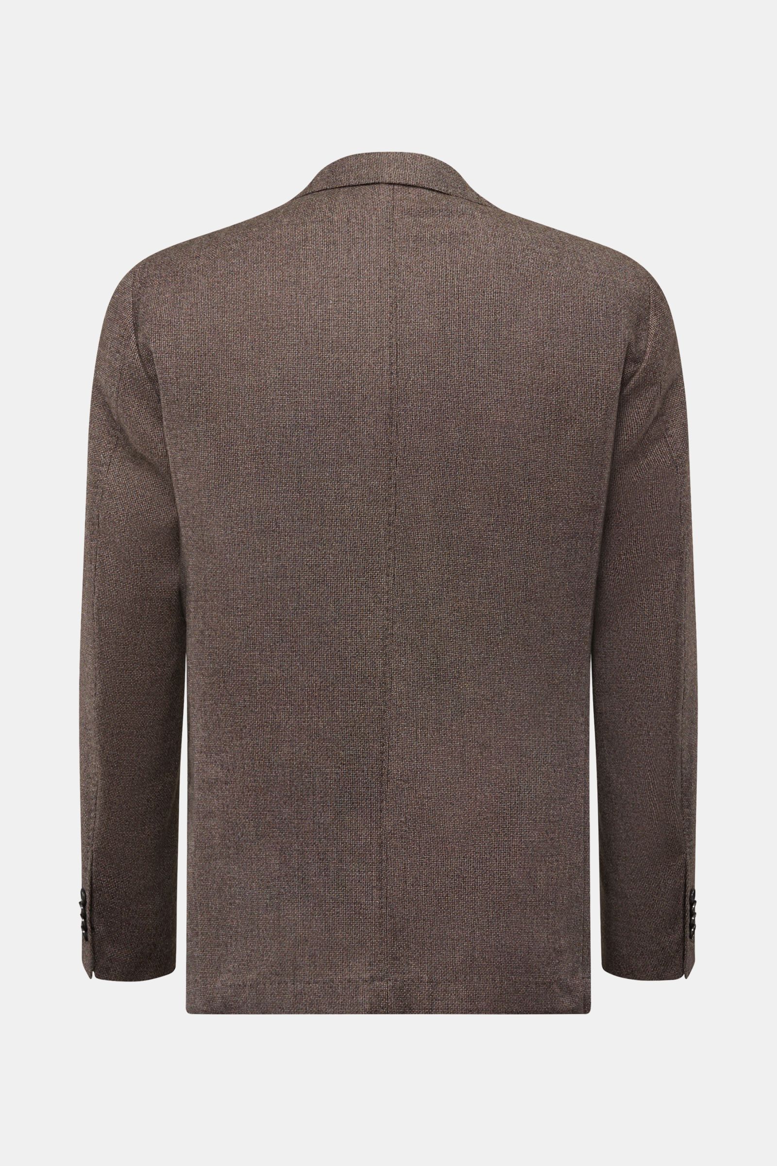 Windsor Smart-casual jacket 'Giro' grey-brown mottled shown from the back, plain weave in virgin wool, soft feel, slim fit, step lapel, two-button style, classic breast pocket, patch hip pockets, kissing buttons, side vents at the back, unconstructed desi