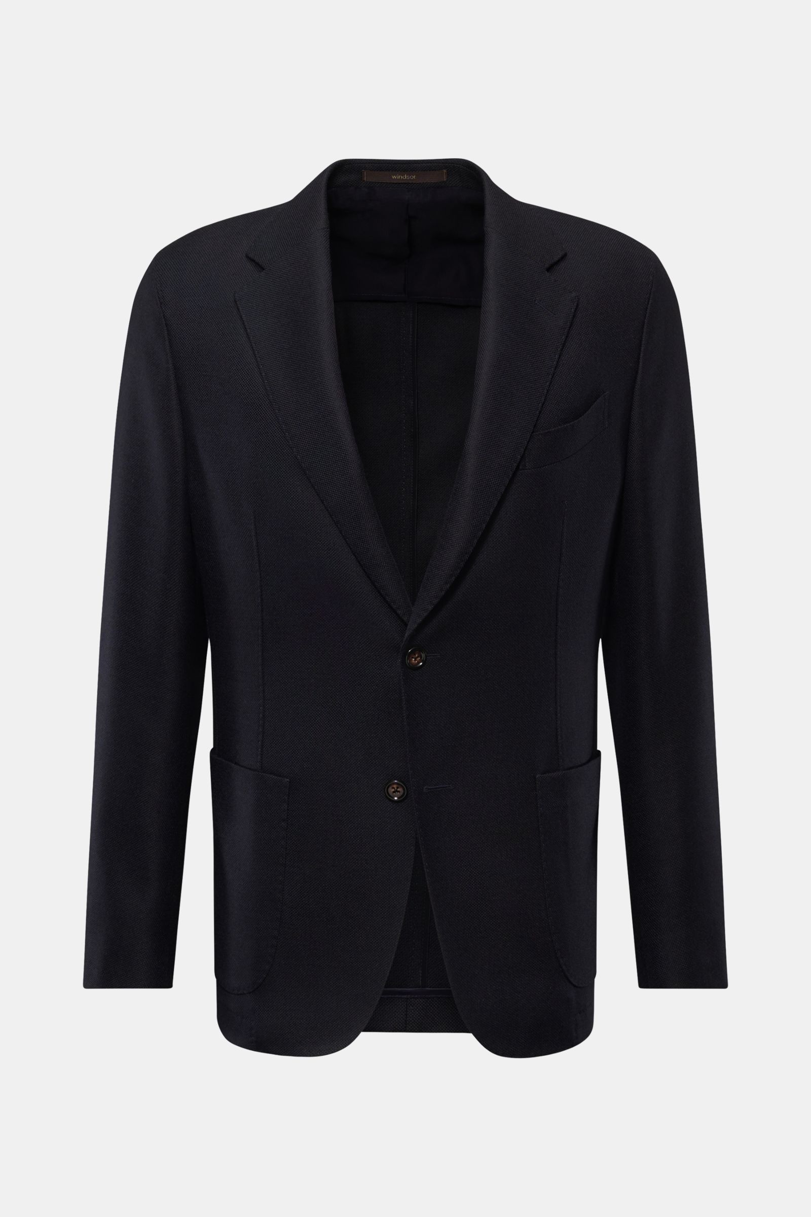 Front view of Windsor Sakko 'Sora' dark navy blazer made of pure wool Panama, soft touch, Slim Fit, with notch lapel, two-button style, classic breast pocket, patch hip pockets, kissing buttons, rear side vents, unconstructed design, and two inner pockets