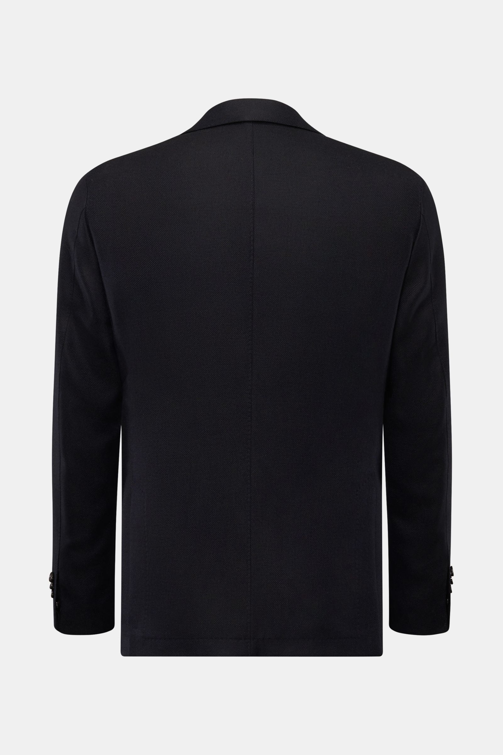 Back view of Windsor Sakko 'Sora' dark navy jacket in Panama pure wool, soft touch, slim fit, fallendes Revers, two-button style, classic breast pocket, patch hip pockets, Kissing Buttons, rear side vents, Unconstructed Design, two inner pockets.