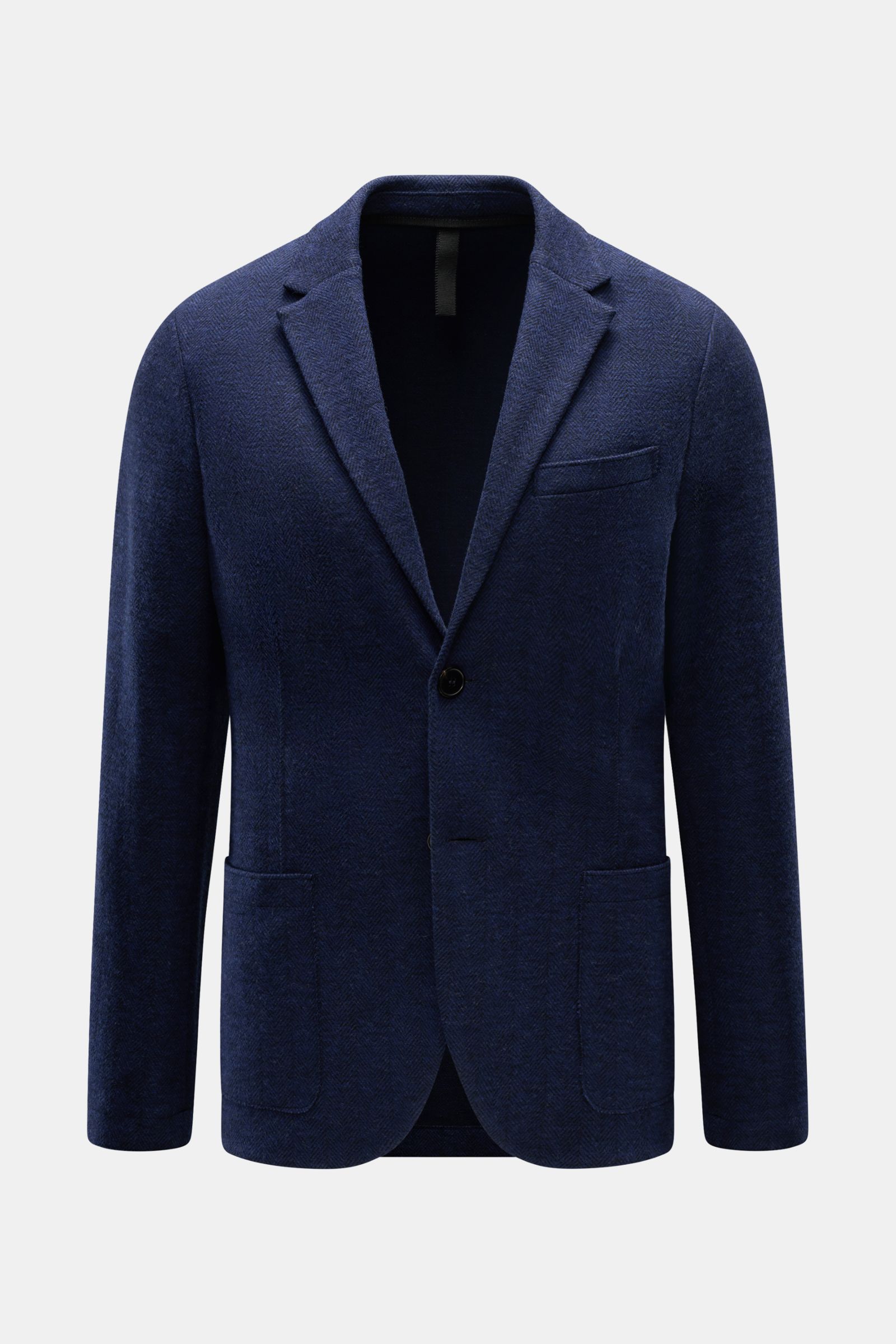 Harris Wharf London Sakko dunkelblau gemustert in Slim Fit, Fischgratmuster, leichter Stretch, fallendes Revers, zwei Knöpfe, frontal fotografiert.