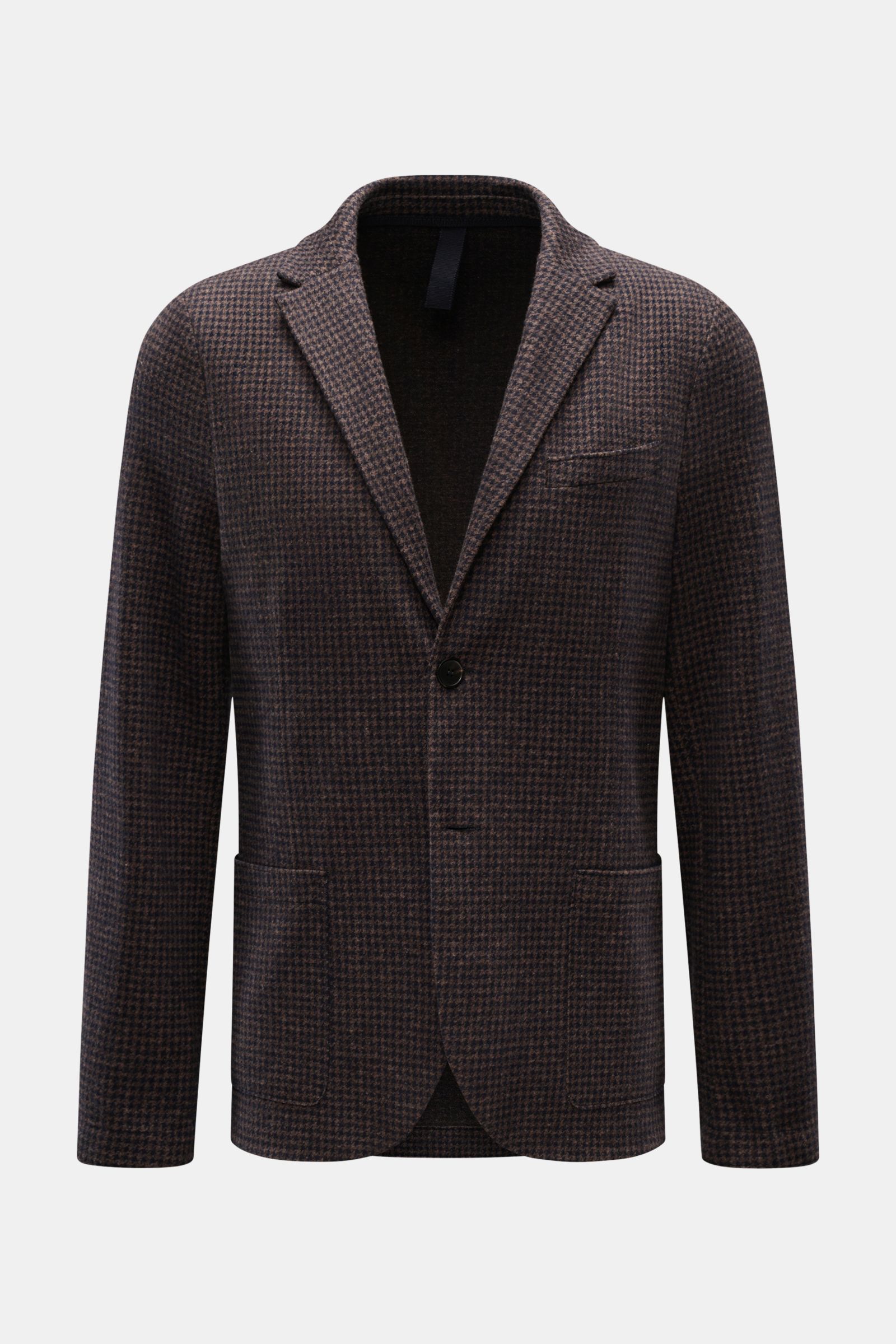 Harris Wharf London Sakko graubraun/schwarz gemustert, Unconstructed-Design, Hahnentritt, Slim Fit, Zwei-Knopf, frontal fotografiert.