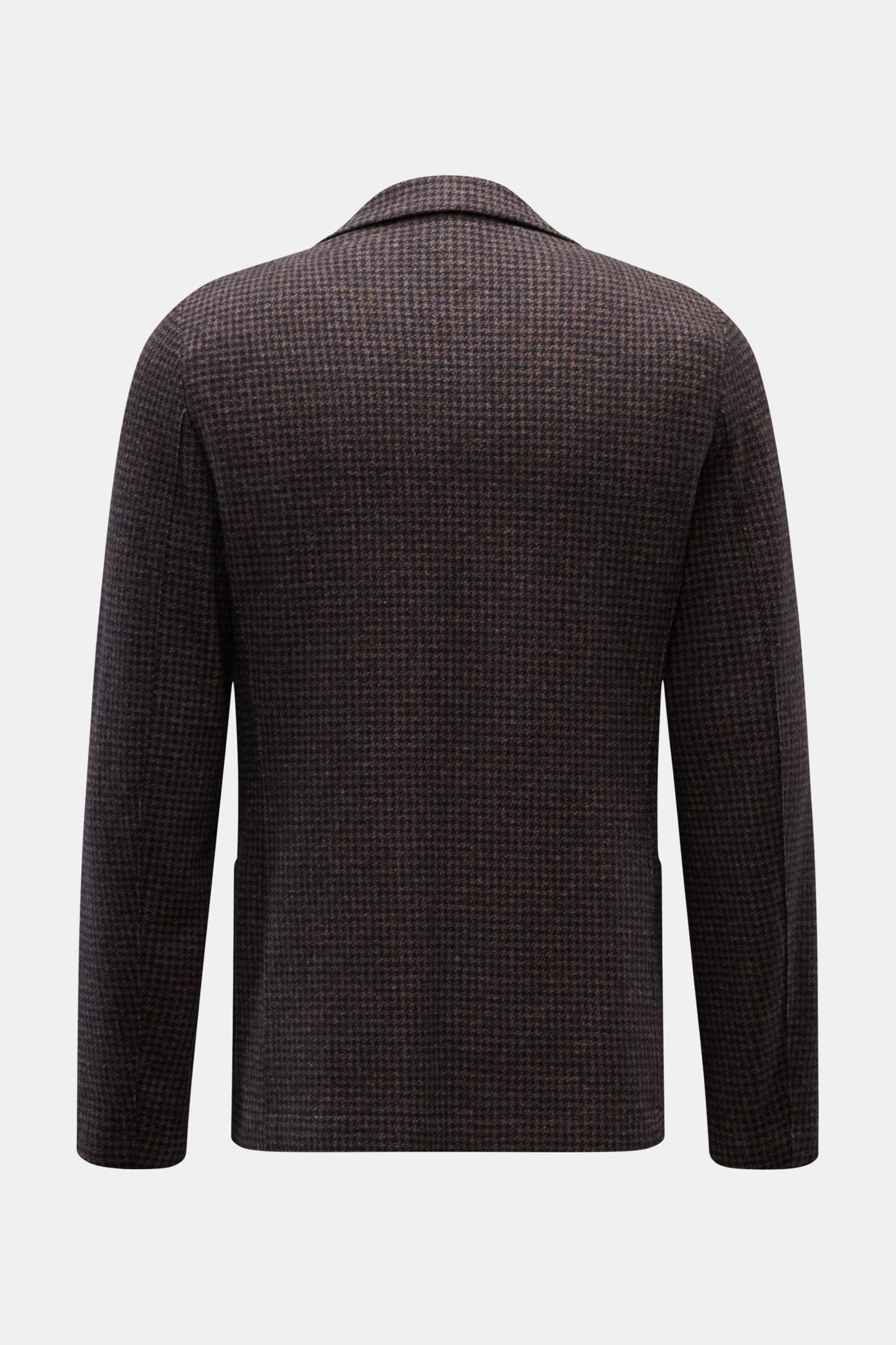 Hinteransicht des Harris Wharf London Sakko graubraun/schwarz gemustert mit Hahnentrittmuster, Slim Fit, Unconstructed-Design.