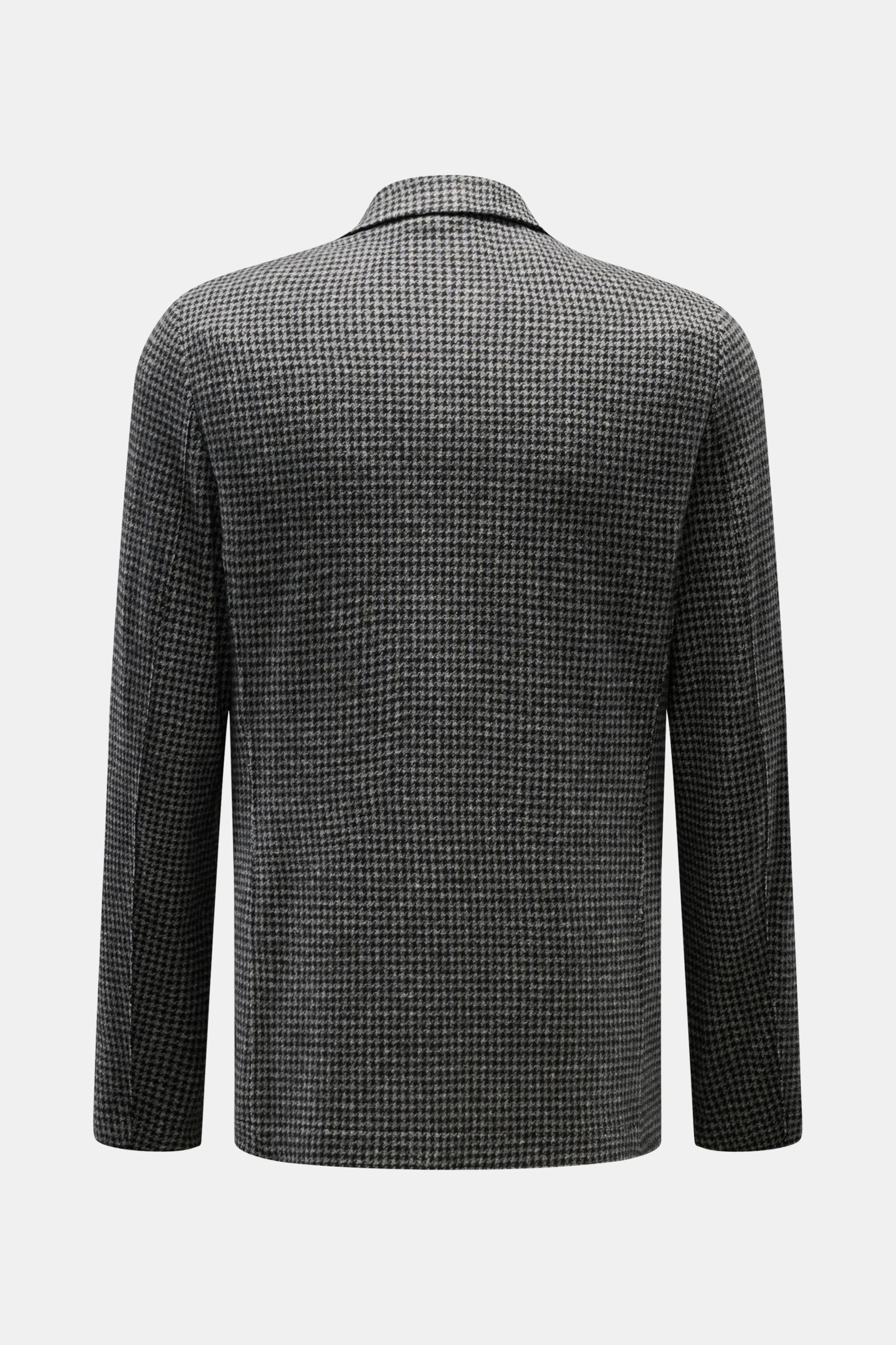 Hinteransicht des Harris Wharf London Jersey-Sakkos grau/schwarz gemustert mit klassischem Hahnentrittmuster, Slim Fit, leichtem Stretch und fallendem Revers.