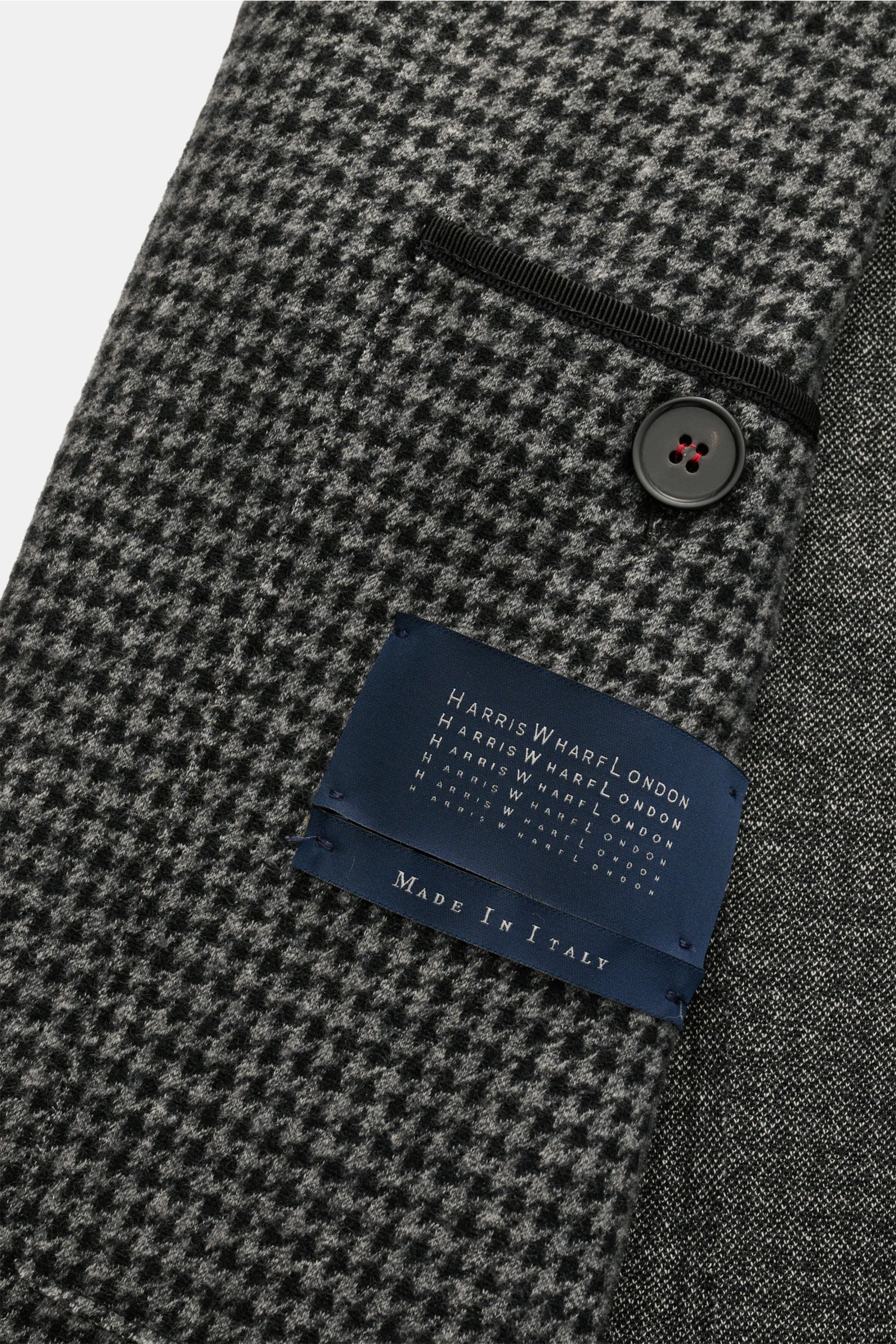 Harris Wharf London Jersey-Sakko grau/schwarz gemustert mit Hahnentrittmuster, Labelansicht innen, Jersey aus Schurwolle, Baumwolle, Microfaser, Slim Fit, ungefüttert.