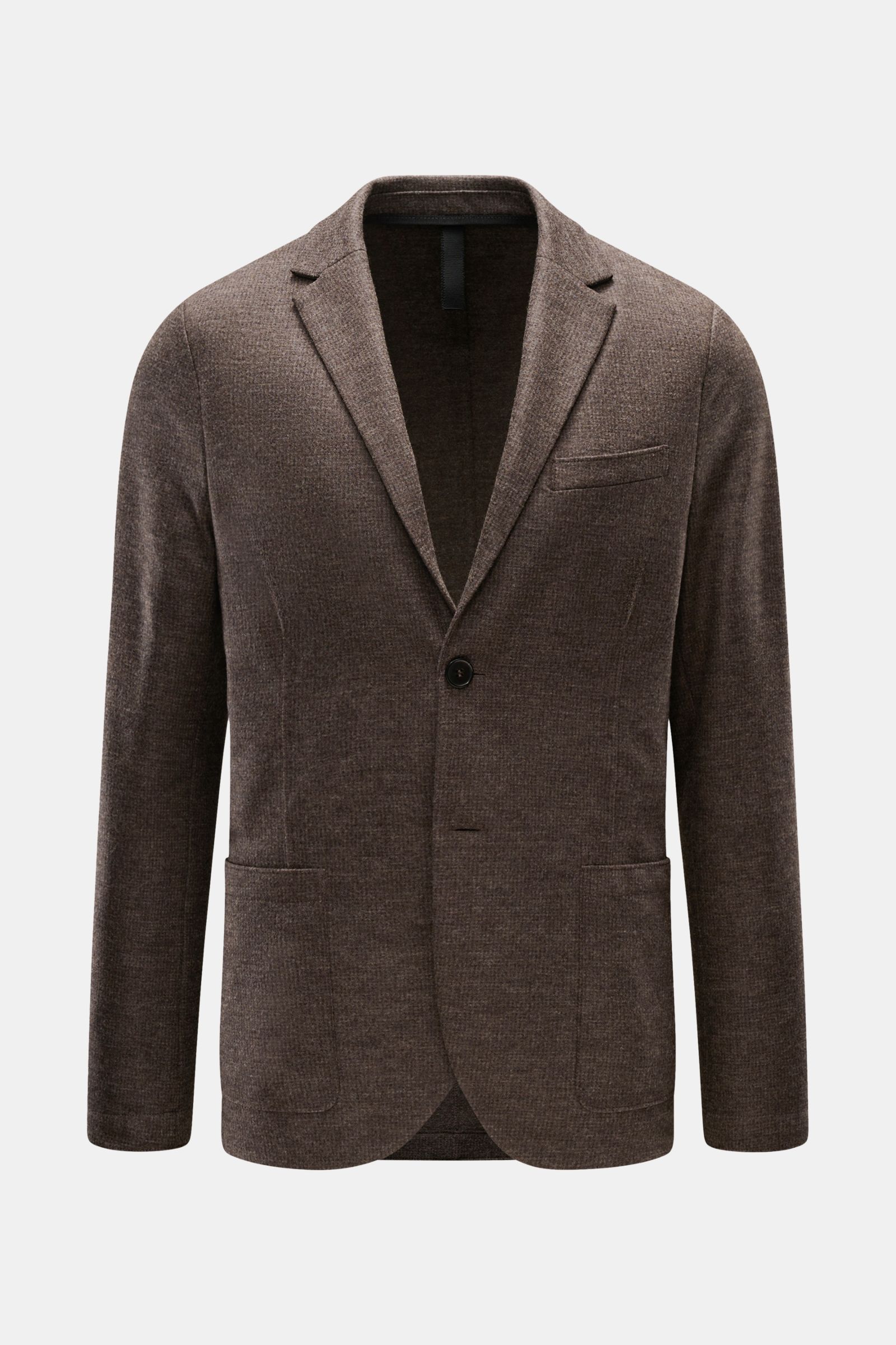 Harris Wharf London Sakko graubraun kariert, Slim Fit, tailliert, aus weicher reiner Schurwolle mit dezentem Karomuster, fallendem Revers, Brust- und Hüfttaschen, frontale Ansicht.