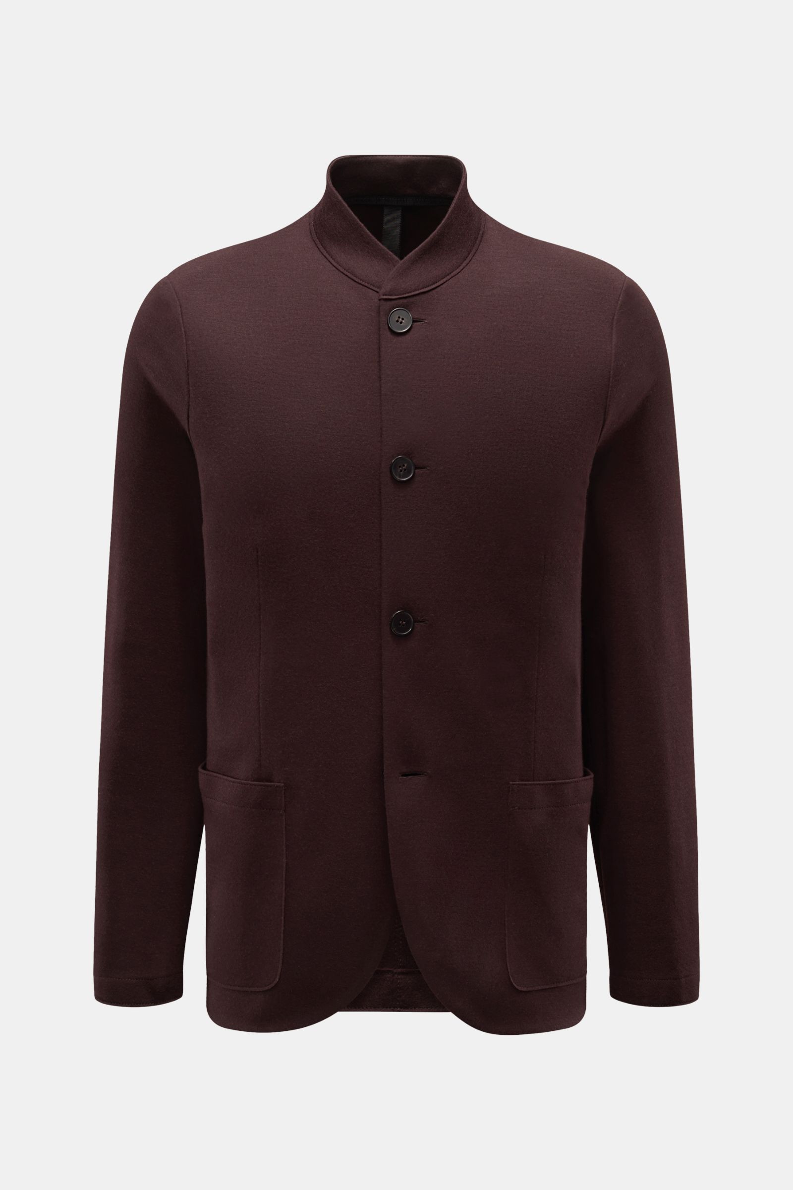 Front view of Harris Wharf London Jersey-Sakko dunkelbraun, a slim fit, dark brown jersey blazer with a stand collar, four buttons, patch hip pockets, unlined with two inside pockets, made from pure new wool in a very soft, lightweight fabric.

Die ele