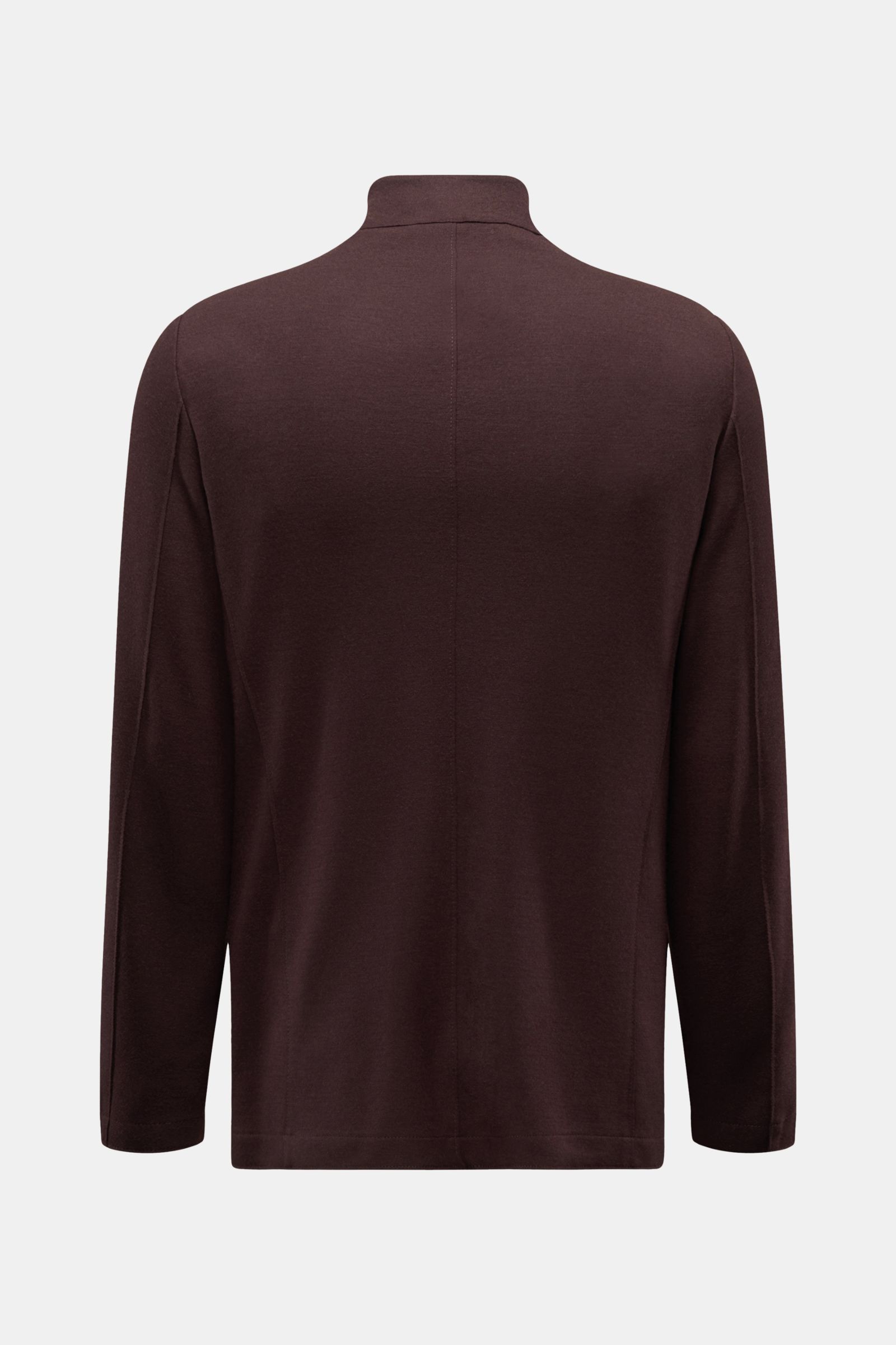 Back view of Harris Wharf London Jersey-Sakko dunkelbraun, a slim fit, unconstructed dark brown wool jersey jacket with stand-up collar and long sleeves.

Die elegante Optik eines Sakkos trift auf den Komfort einer Sweatjacke – diese Fusion aus Stil un