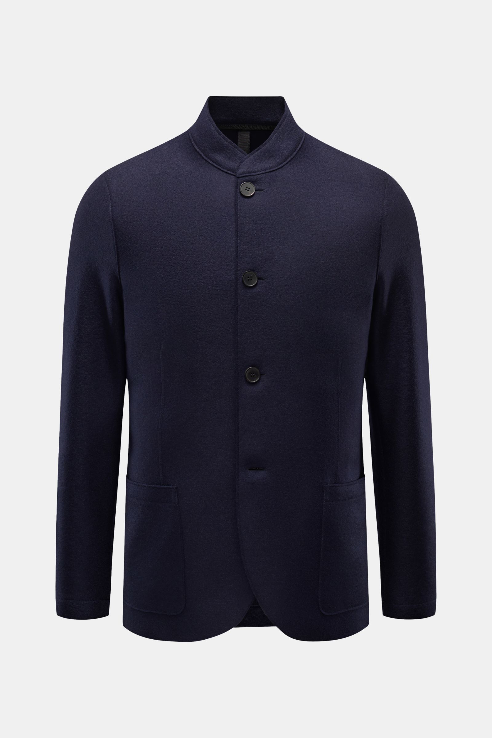 Vorderansicht des Harris Wharf London Sakko navy aus reiner, gefilzter Schurwolle, Slim Fit, tailliert mit Stehkragen, Vier-Knopf-Stil, offenen Kanten und Hüfttaschen.