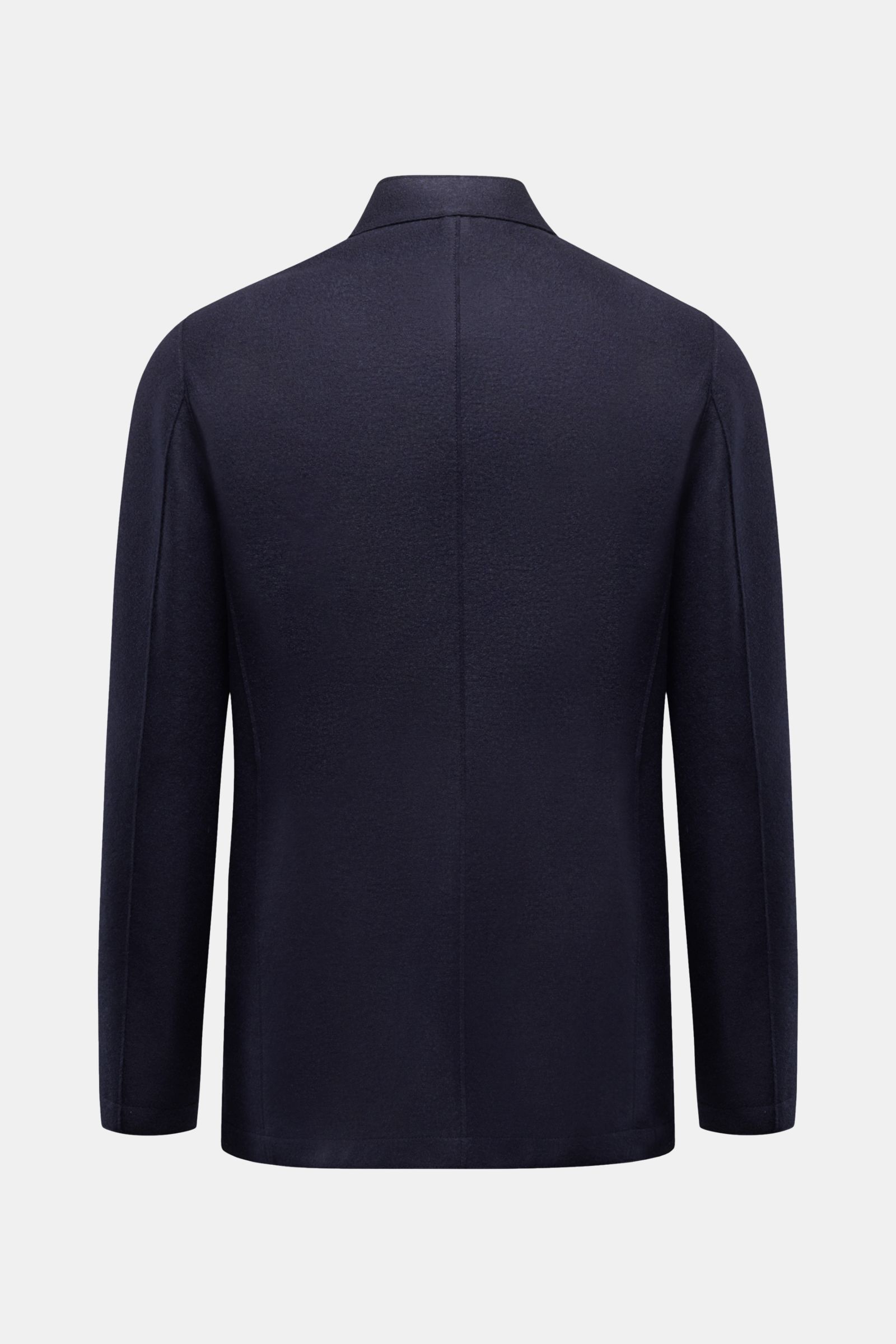 Rückansicht des Harris Wharf London Sakko navy in Slim Fit aus ungefütterter, gefilzter Schurwolle mit Stehkragen, Vier-Knopf-Stil und aufgesetzten Taschen.