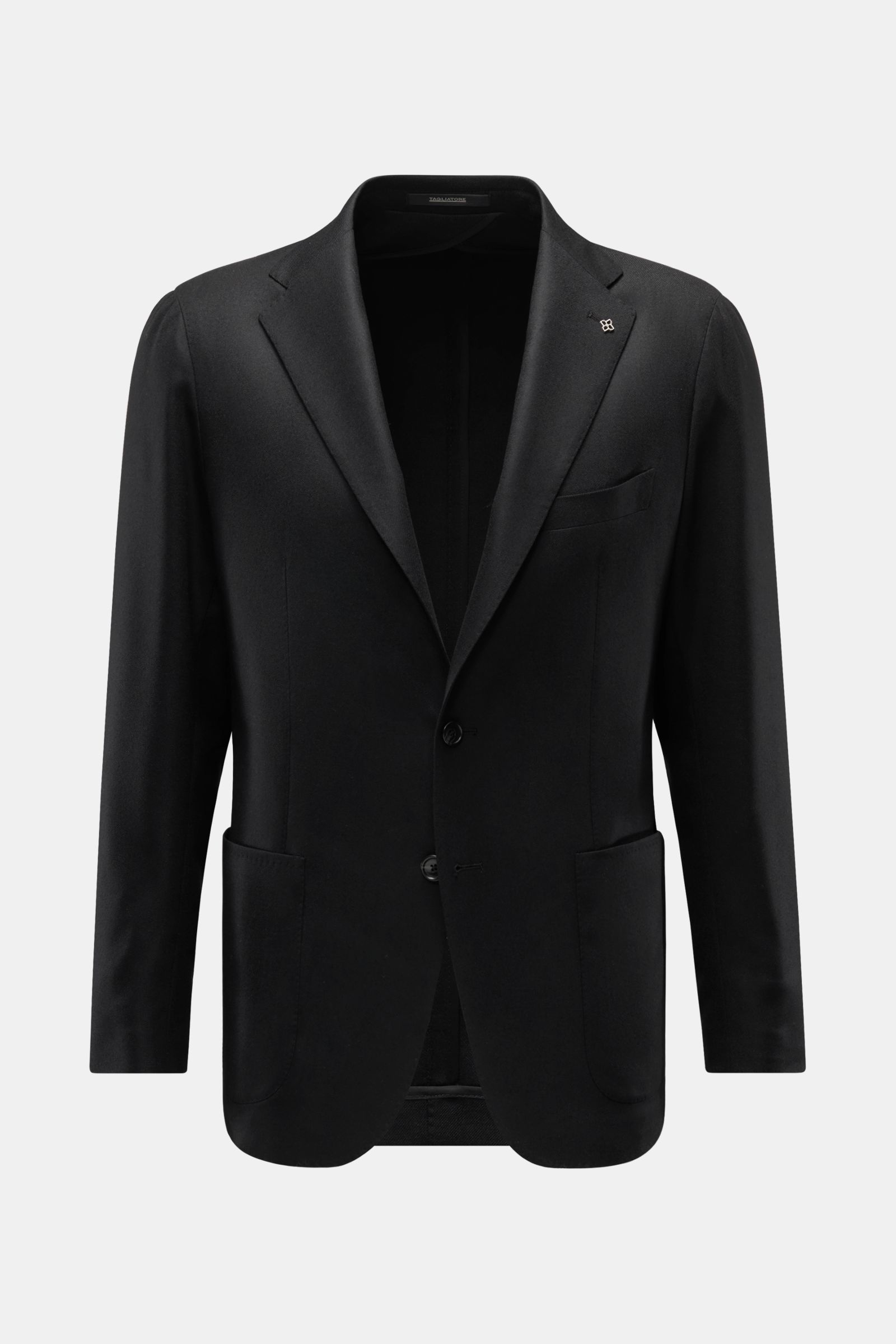 Tagliatore Sakko 'Monte Carlo' schwarz, frontale Ansicht, Unconstructed-Design aus elastischem Woll-Cashmere-Twill, Slim Fit, zwei Knöpfe, fallendes Revers, Pin, Brust- und aufgesetzte Hüfttaschen.