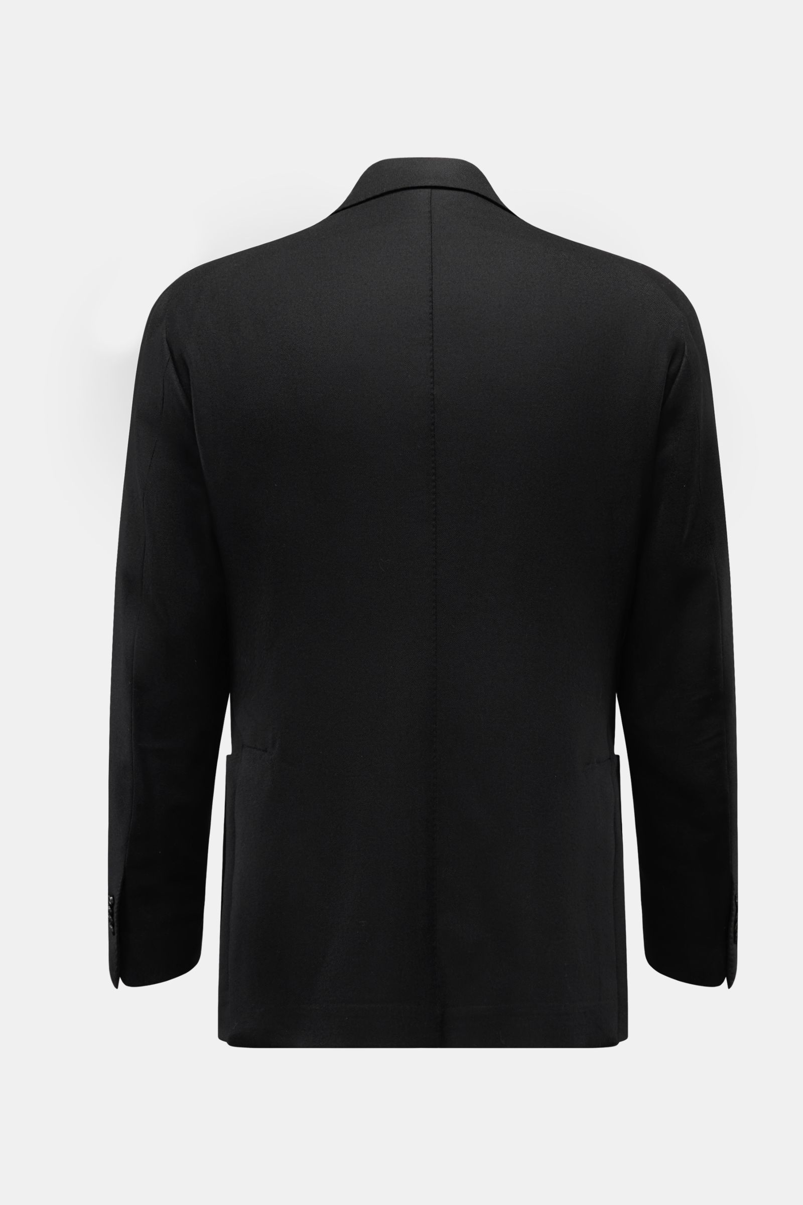 Rückansicht des schwarzen Tagliatore Sakkos 'Monte Carlo' aus elastischem Woll-Cashmere-Twill, Slim Fit, Unconstructed Design, zwei Seitenschlitze.
